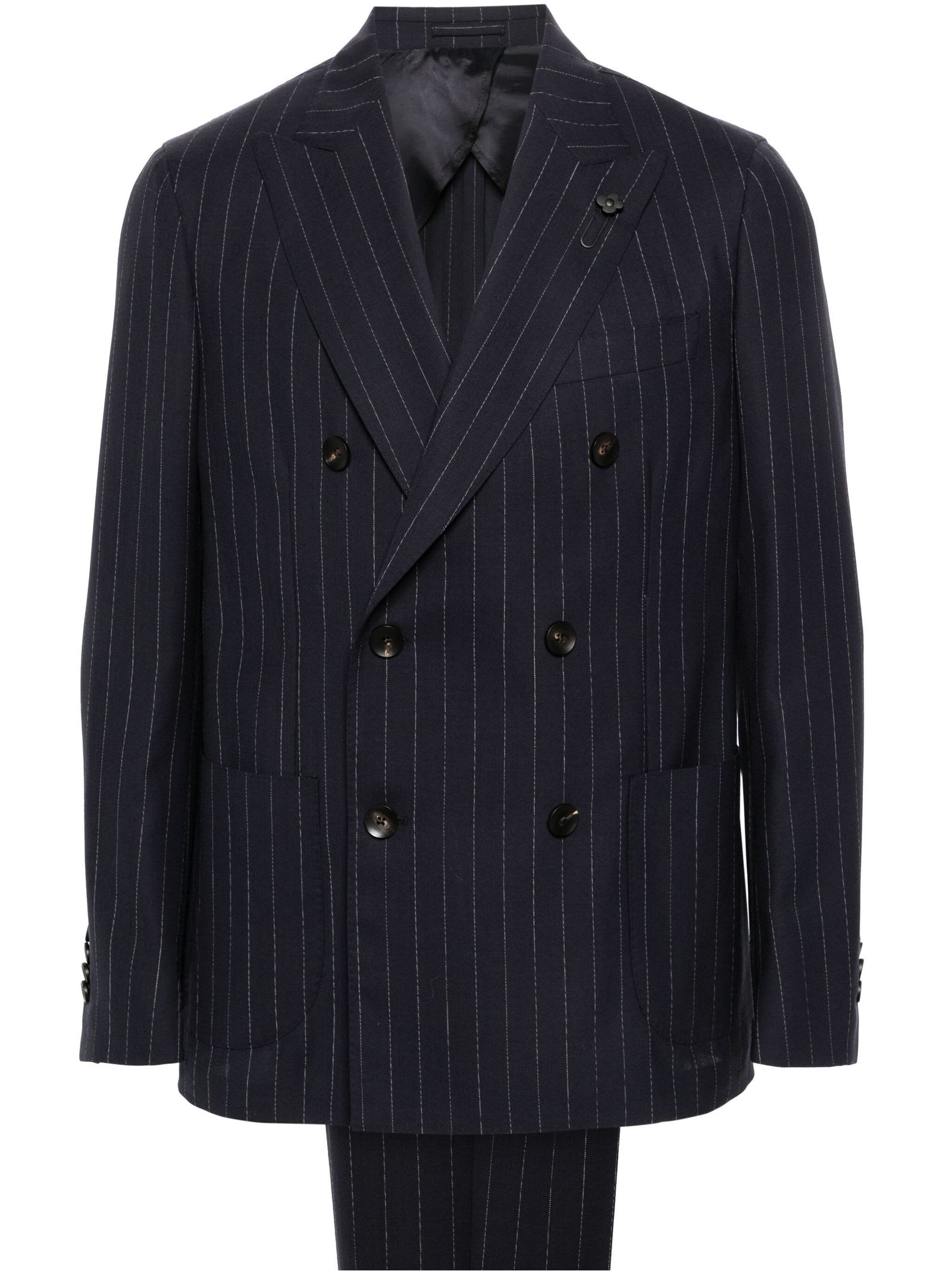 Shop Lardini Pinstriped Double-breasted Wool Suit In Blue