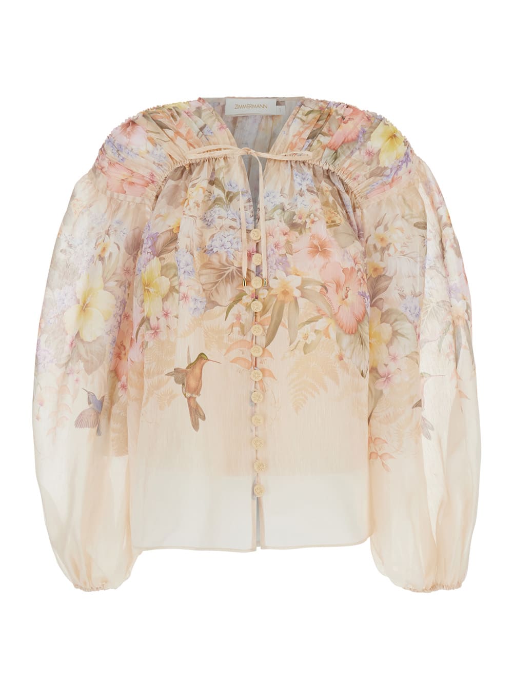 ZIMMERMANN ILLUMINATEBEIGE BLOUSE WITH PUFFED SLEEVES AND ALL-OVER FLORAL PRINT IN LINEN AND SILK BLEND WOMAN