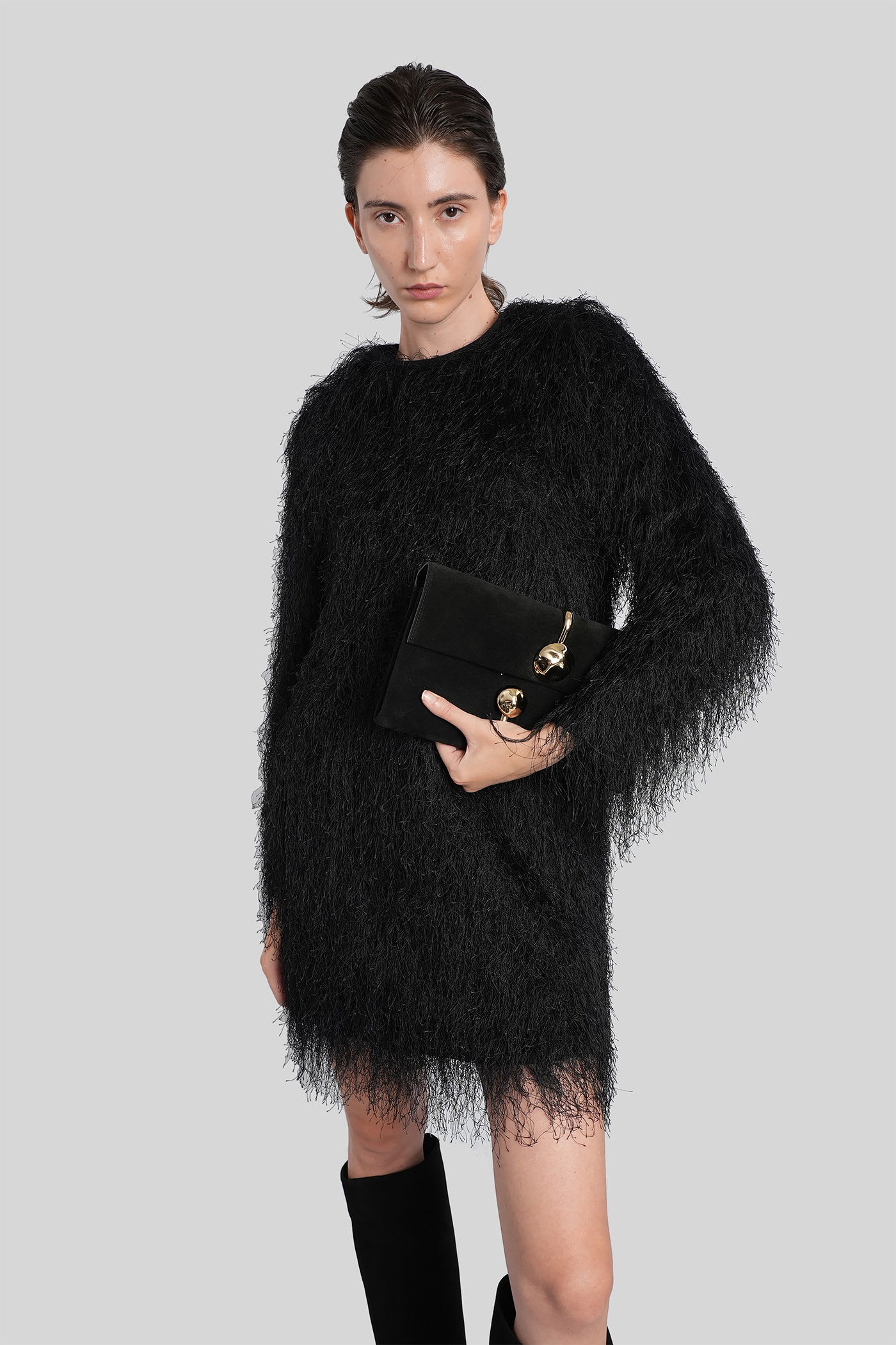Loulou Studio Fringed Dress With Long Sleeves And Round Neckline In Black