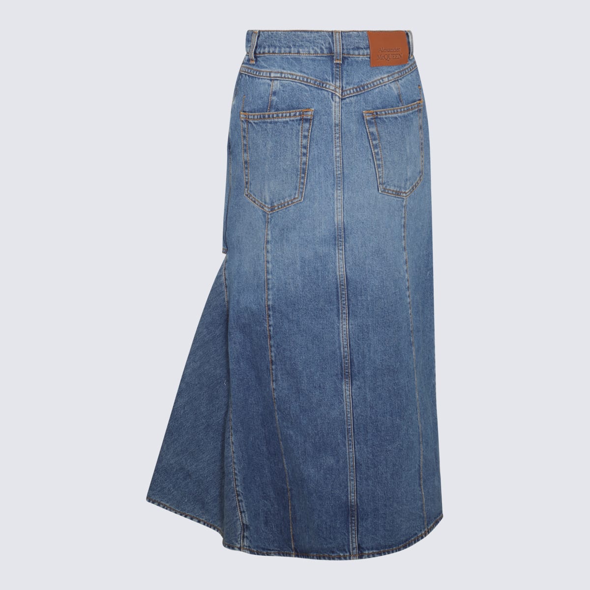 Shop Alexander Mcqueen Blue Cotton Slashed Denim Skirt In Blue Stone Wash