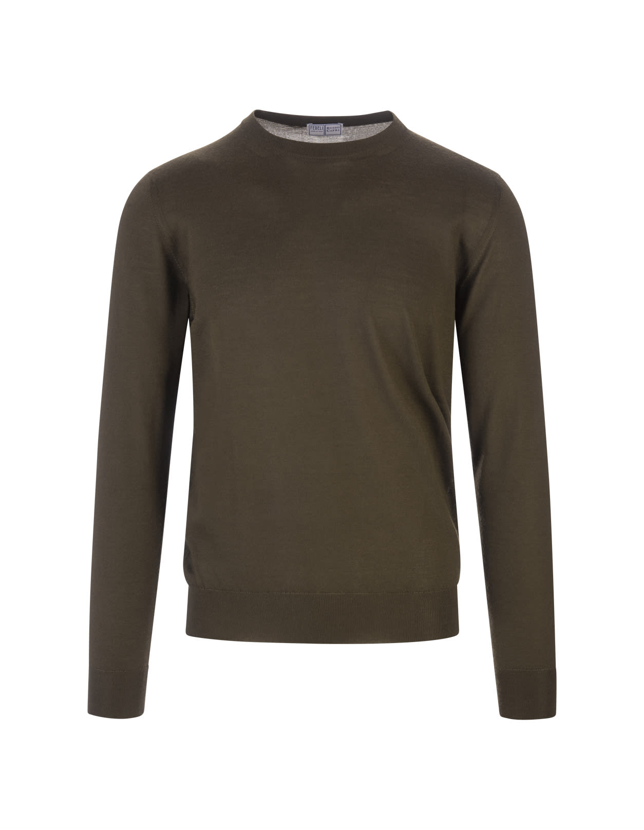 Fedeli Man Round Neck Pullover In Olive Green Cashmere And Silk