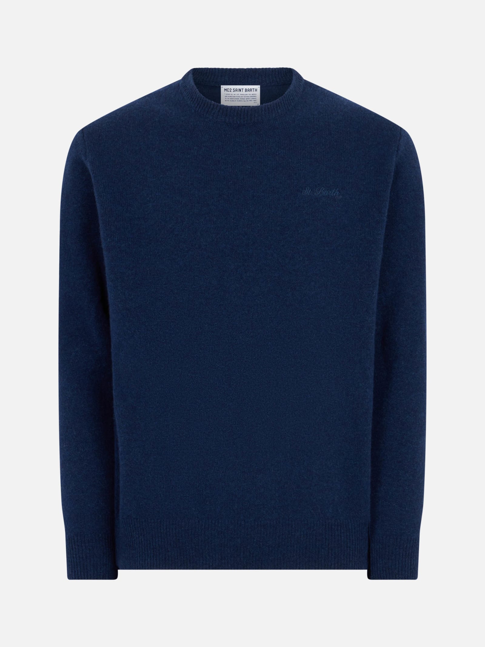 Mc2 Saint Barth Man Crewneck Blue Sweater With St. Barth Embroidery In Blue