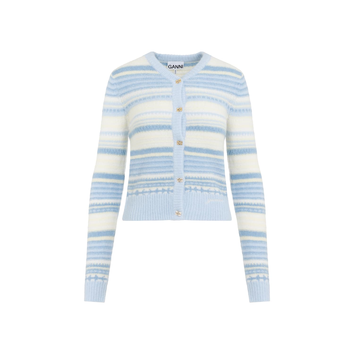 Shop Ganni Stripe Soft Wool Cardigan In Skyway