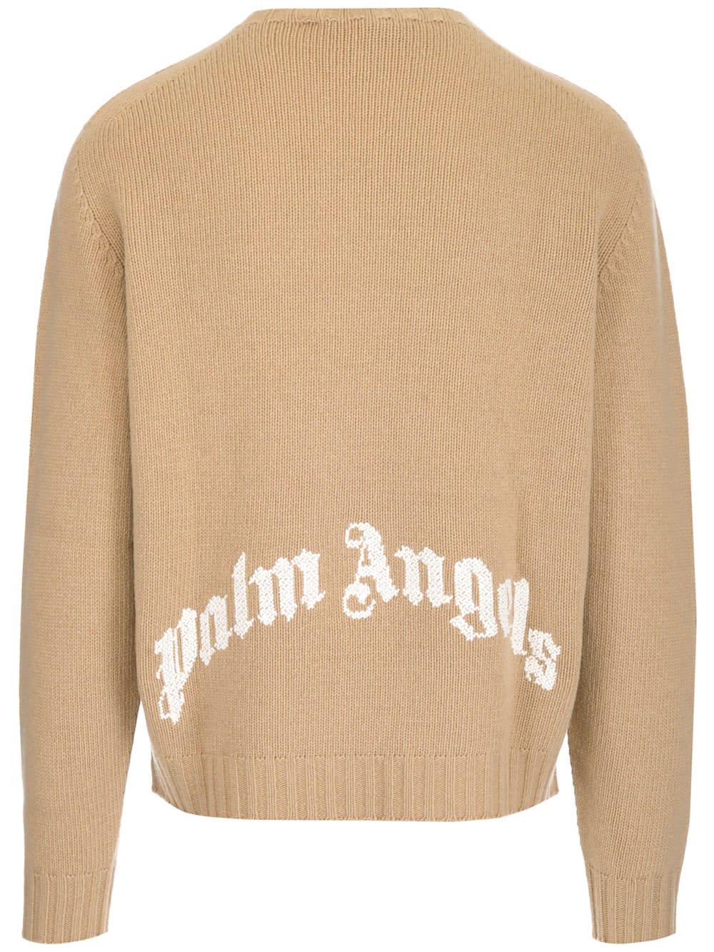 Palm Angels Curved Logo Wool Blend Knit Sweater In Beige White