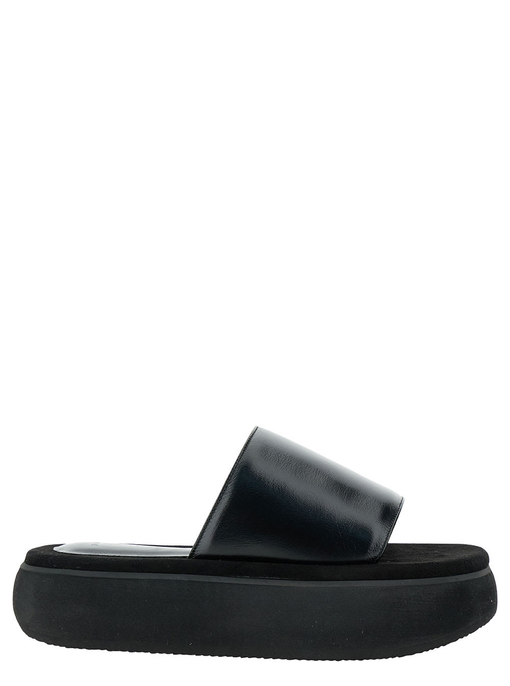 Black Padded Slides With Chunky Sole In Leather Woman