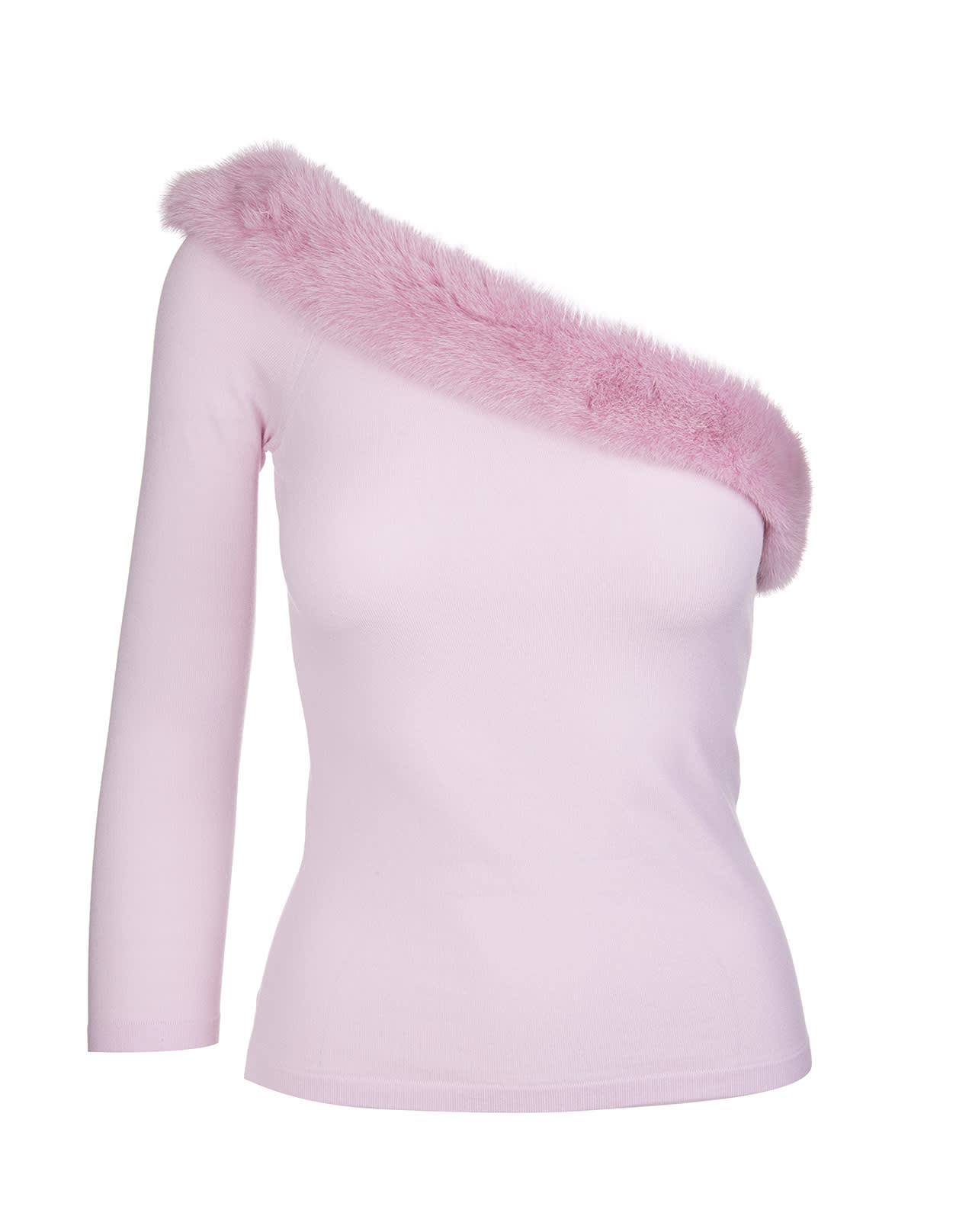 Blumarine Pink One Shoulder Sweater With Mink