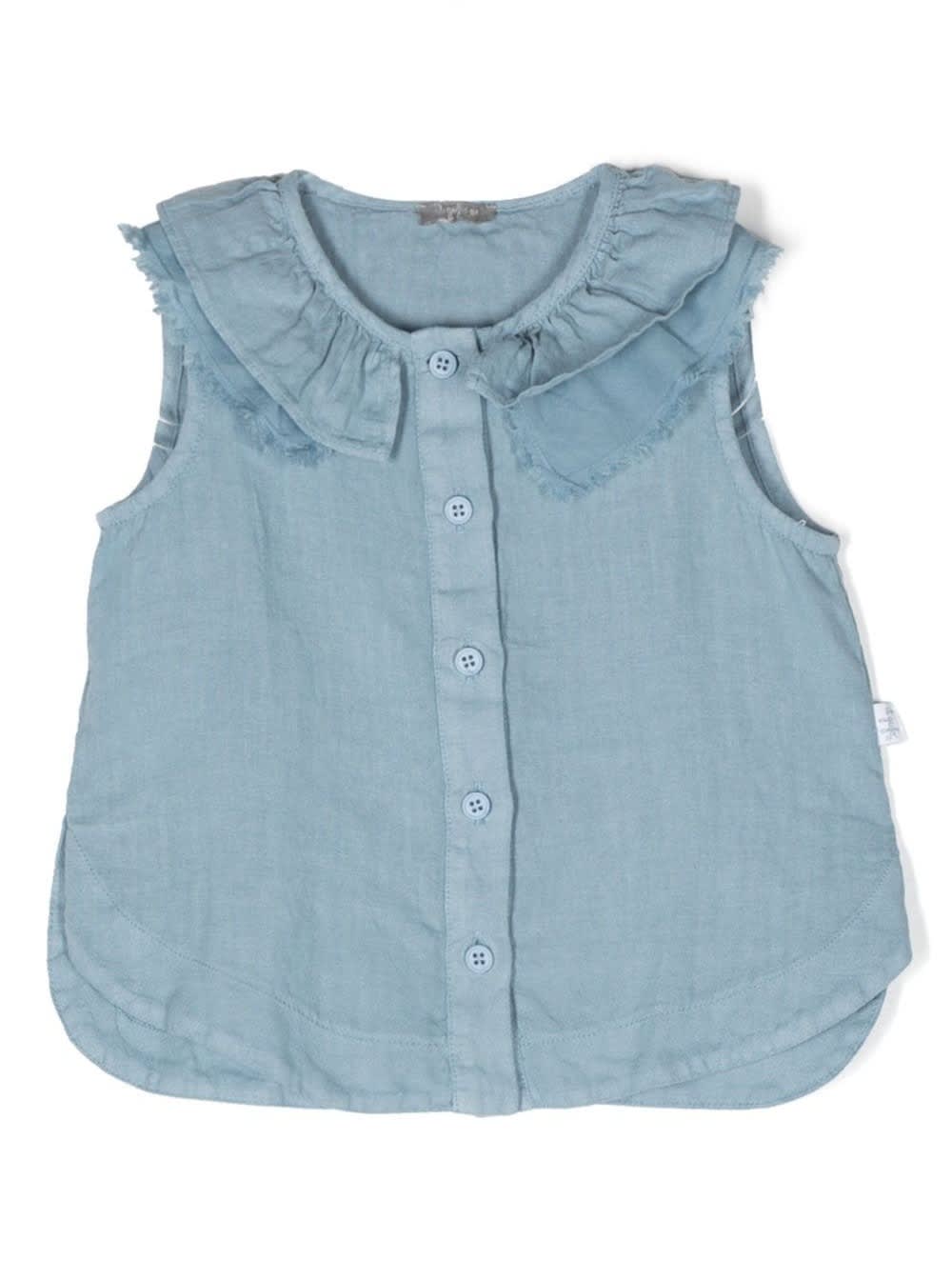 Il Gufo Kids' Light Blue Sleeveless Shirt With Ruched Detailing In Linen Girl In Polvere