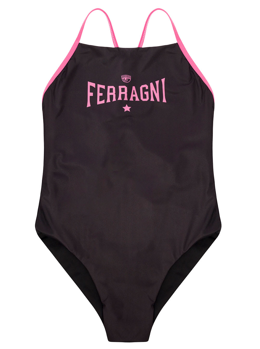 CHIARA FERRAGNI BROWN SWIMSUIT WITH LOGO PRINT ON THE FRONT IN STRETCH POLYESTER WOMAN