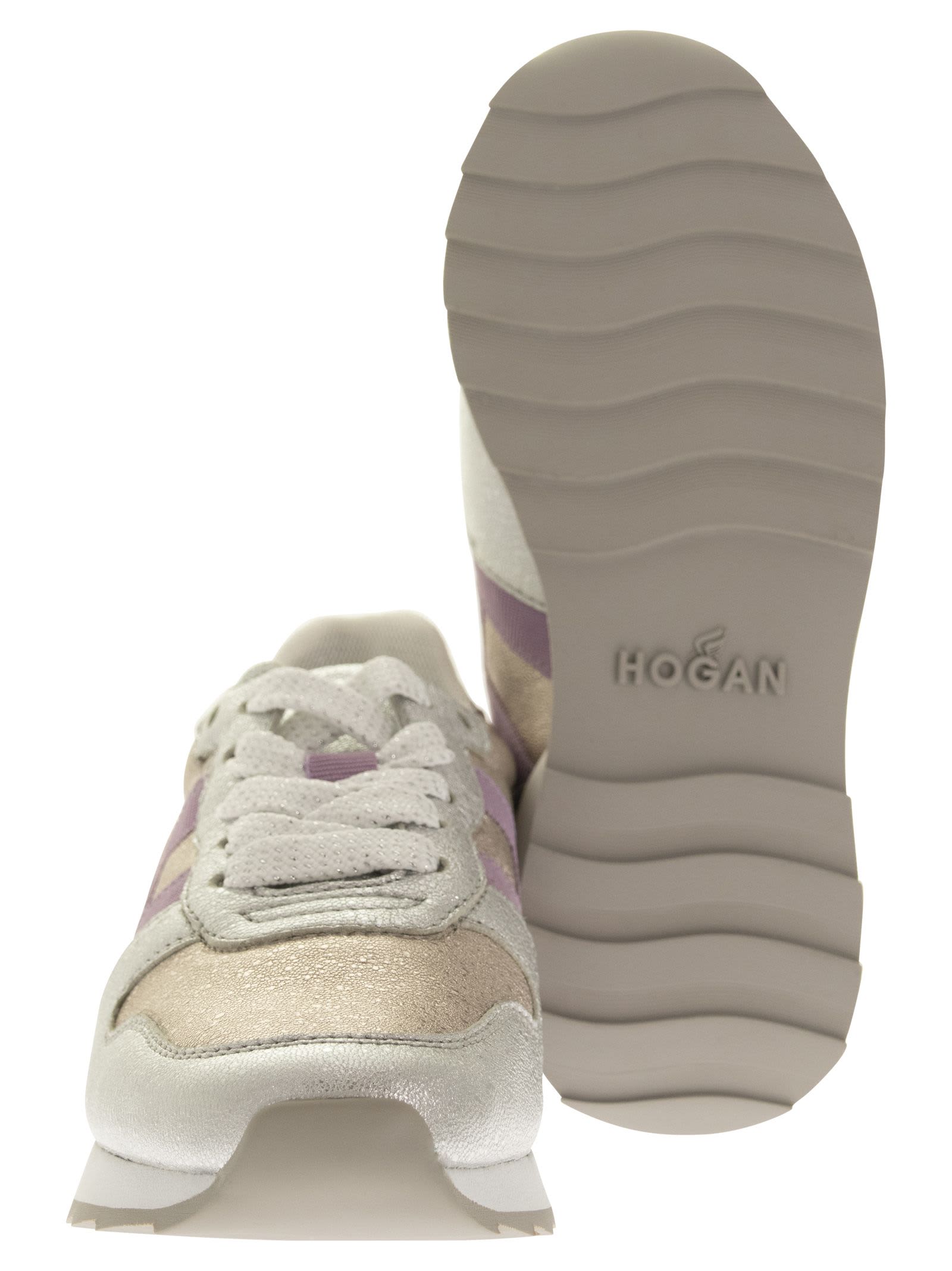 Shop Hogan J484 Metallic Leather Trainers In Silver