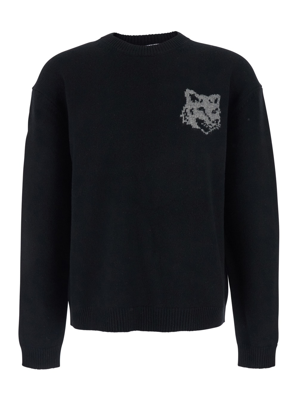 Maison Kitsuné Crew Neck Sweater With Large Fox Embroidery Black In Black