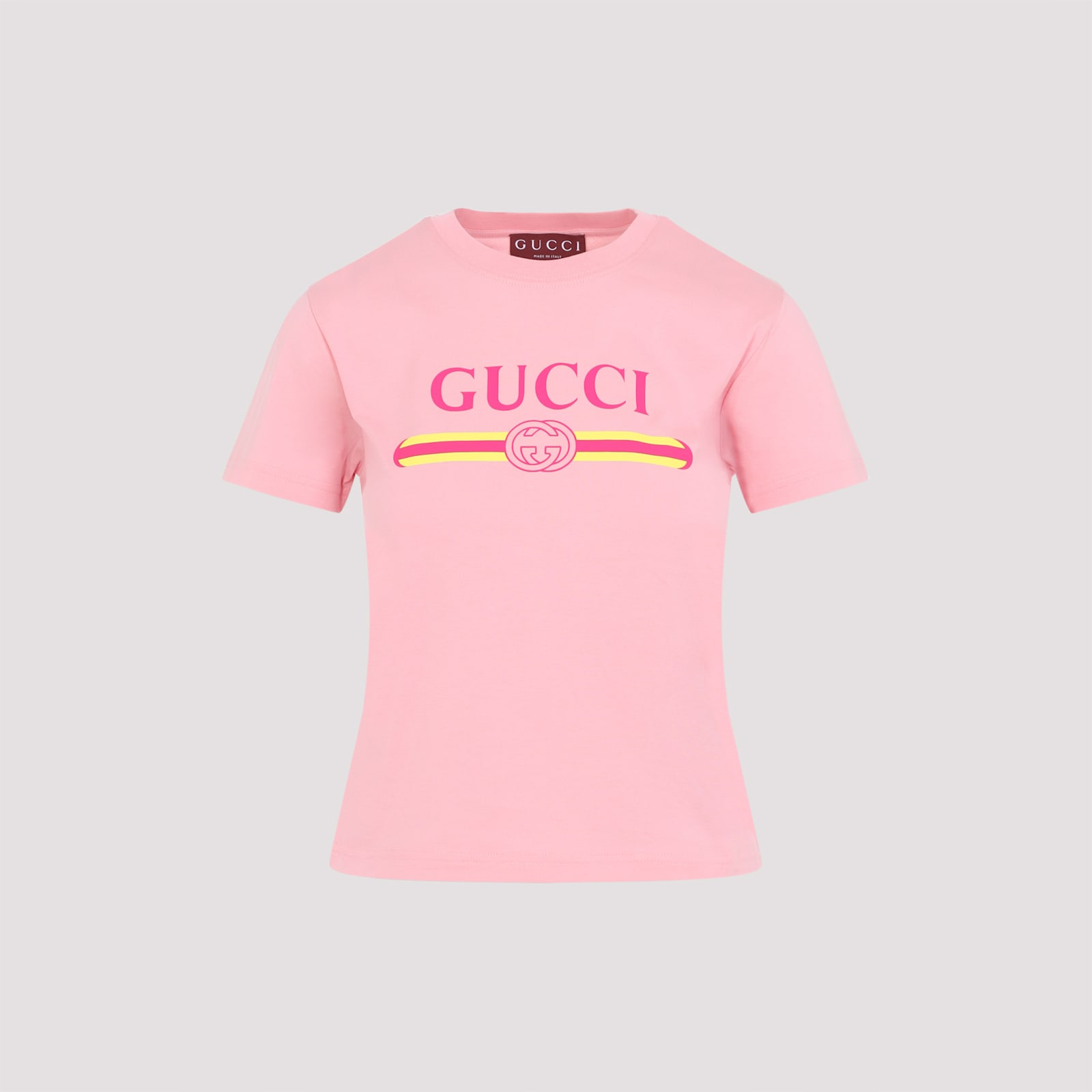 Gucci Women Pink Crewneck T-shirt With Logo Print On The Front In Cotton Woman