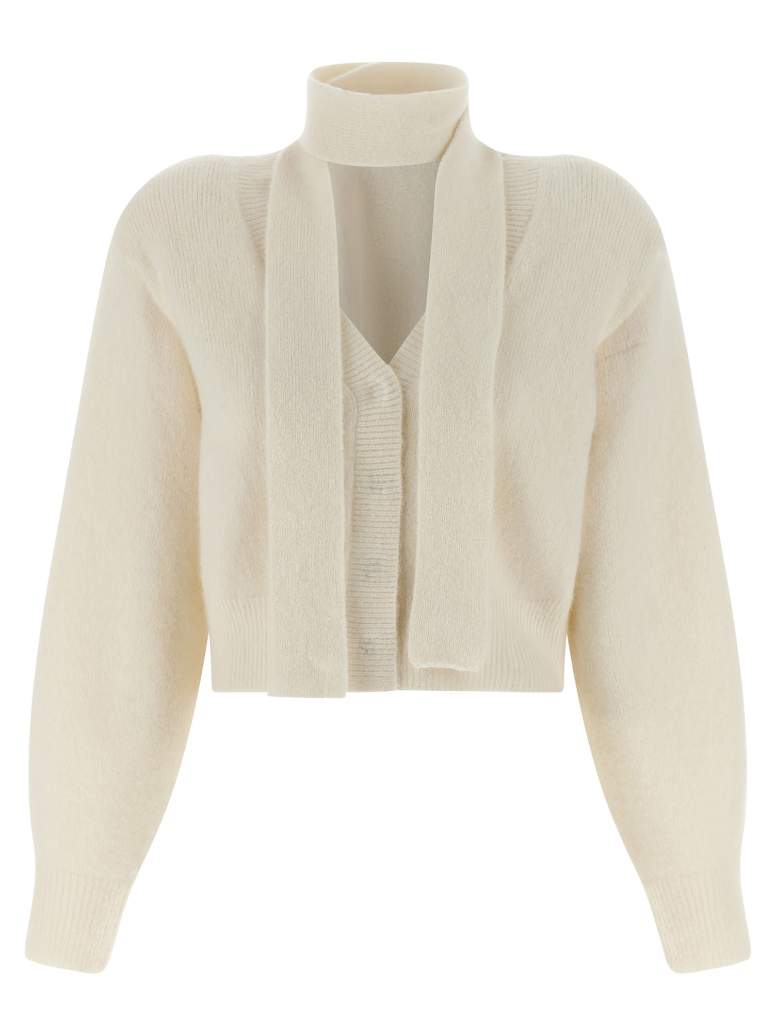 Rotate Birger Christensen High Neck Long Sleeve Knit Cardigan In Neutral