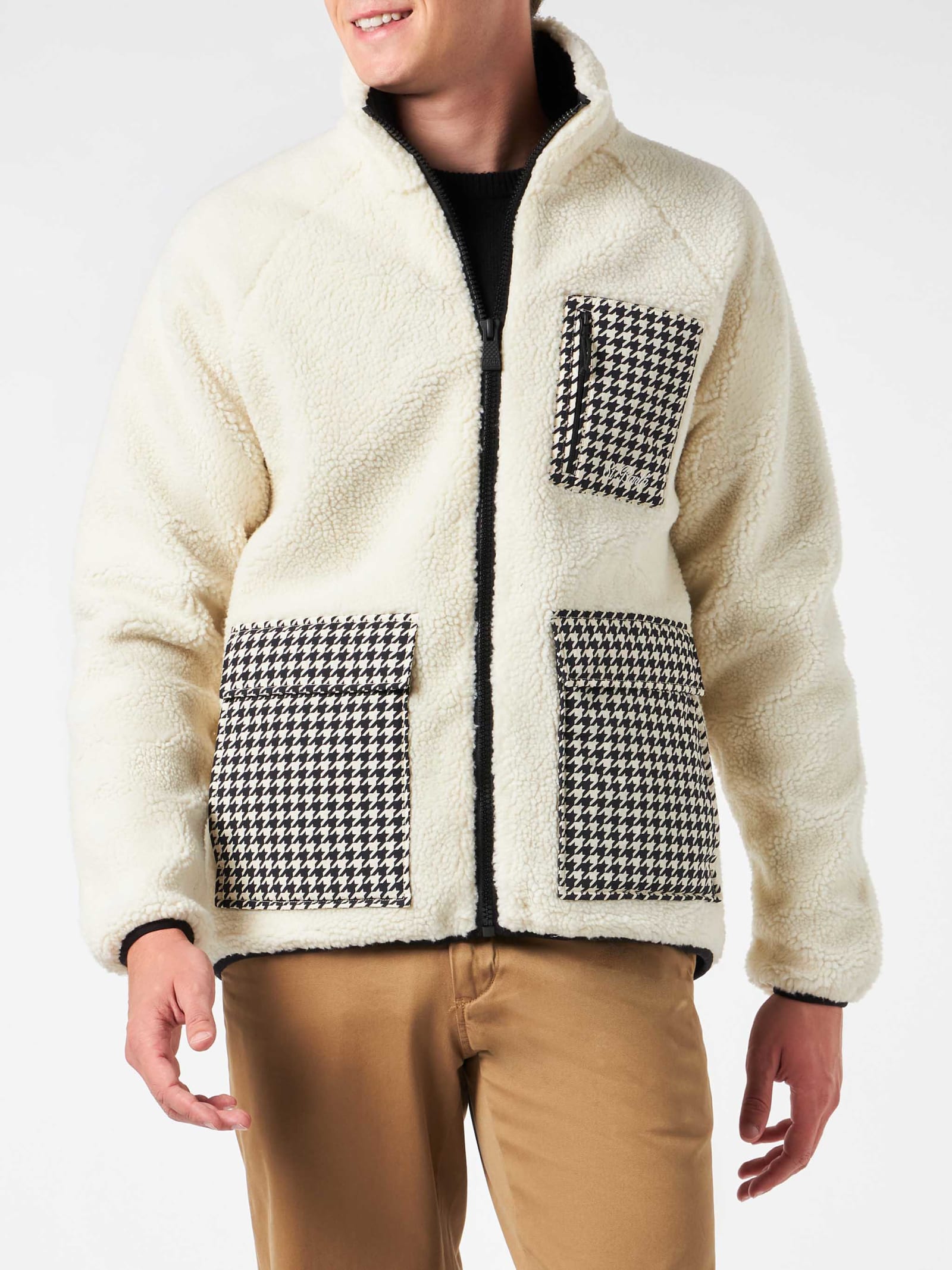 Shop Mc2 Saint Barth Man White Sherpa Jacket With Check Patch Pockets