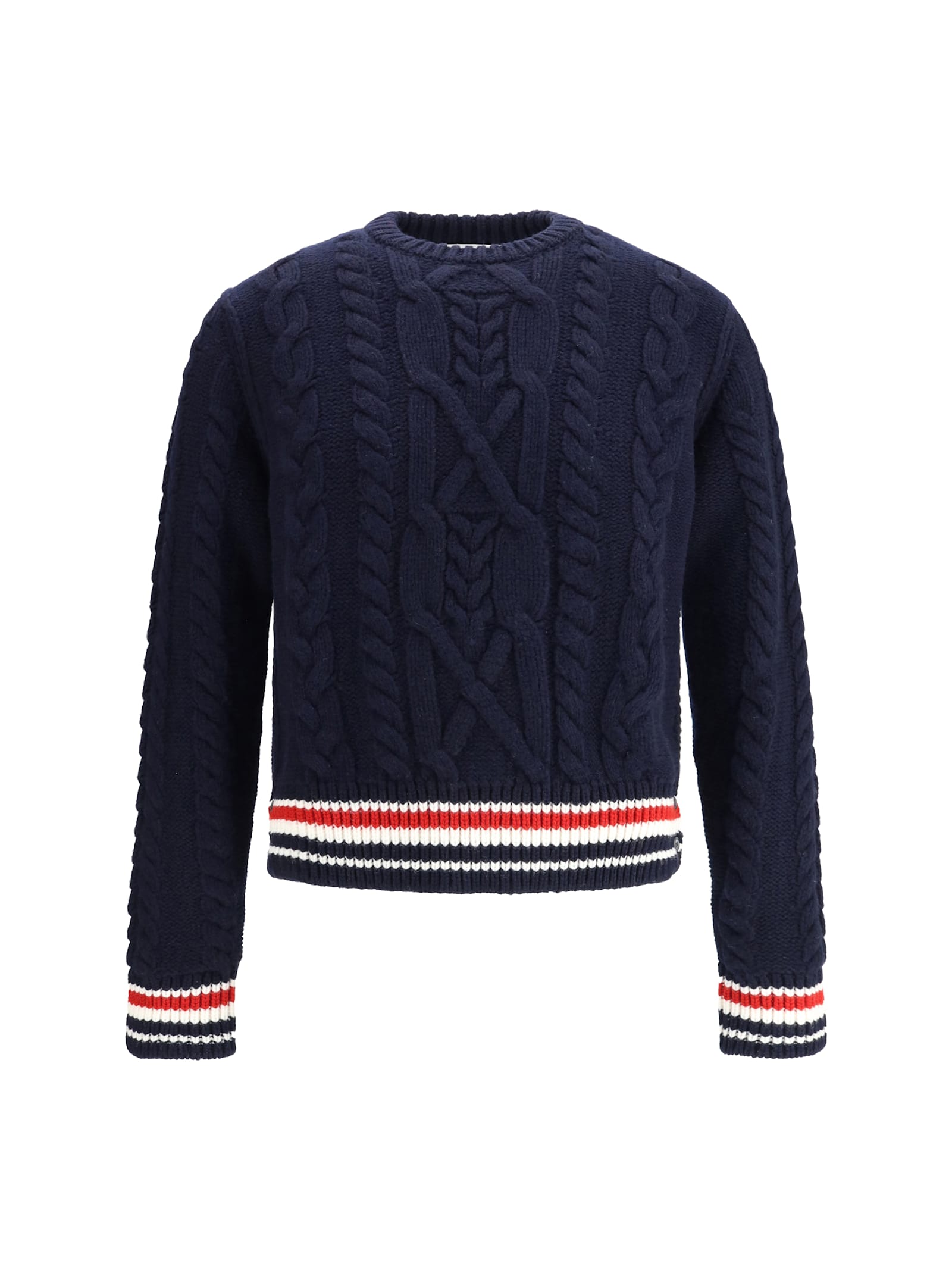 Thom Browne Cable Knit Crew Sweater With Ribbed Cuffs In Black