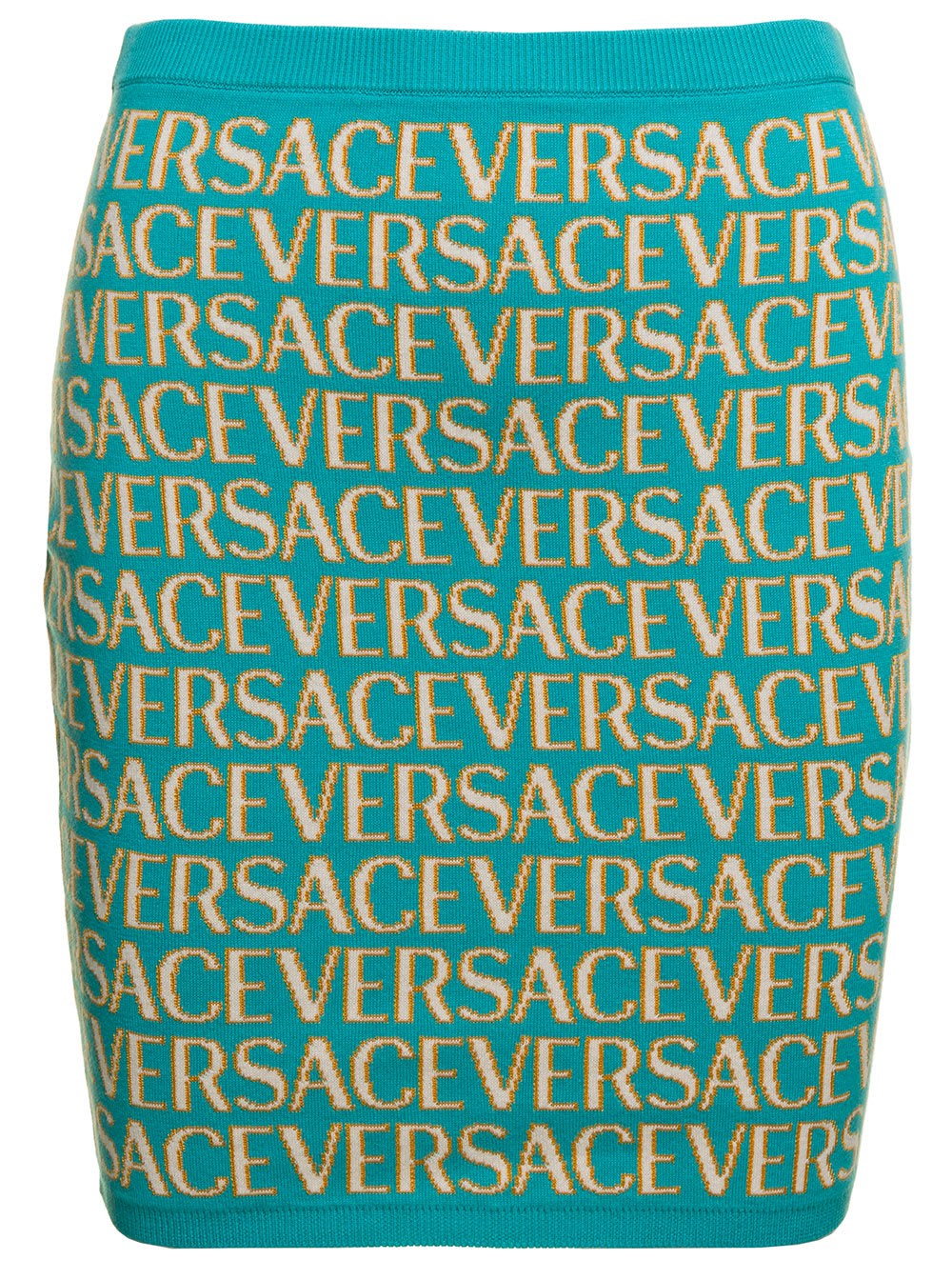 Shop Versace Light Blue Mini Skirt With All-over Jacquard Motif In Stretch Cotton Woman