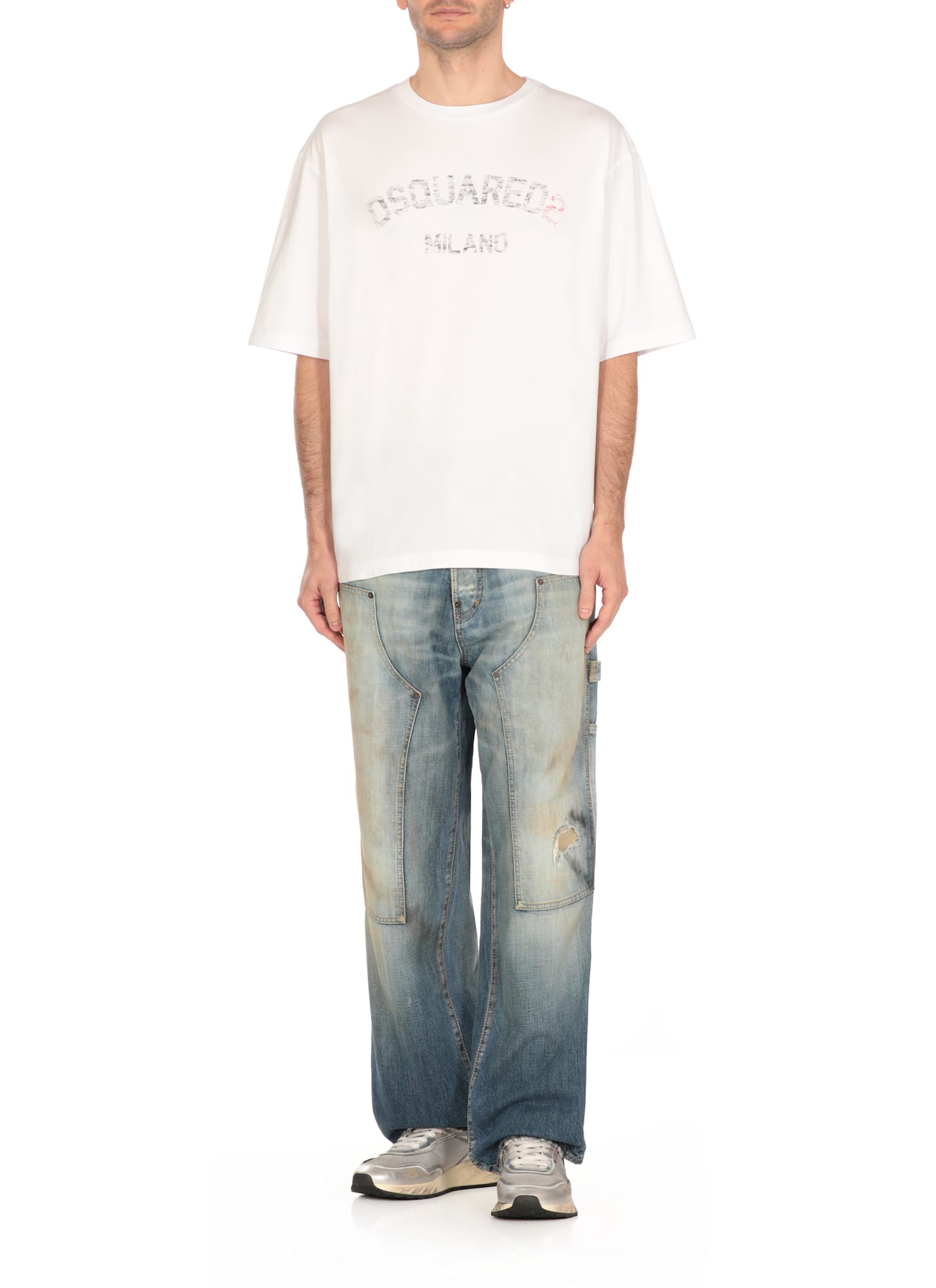 Dsquared2 Loose Fit White Cotton Jersey T-shirt With Vintage-effect Logo In White