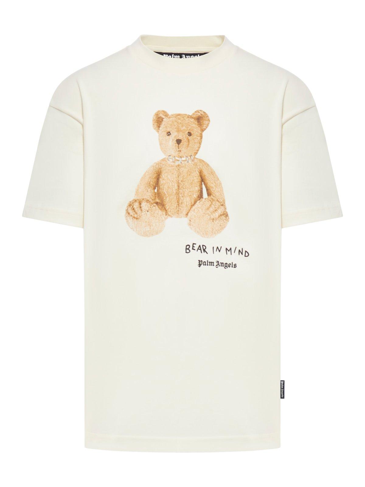 Shop Palm Angels Bear In Mind Bear Printed Crewneck T-shirt In Off White Brown