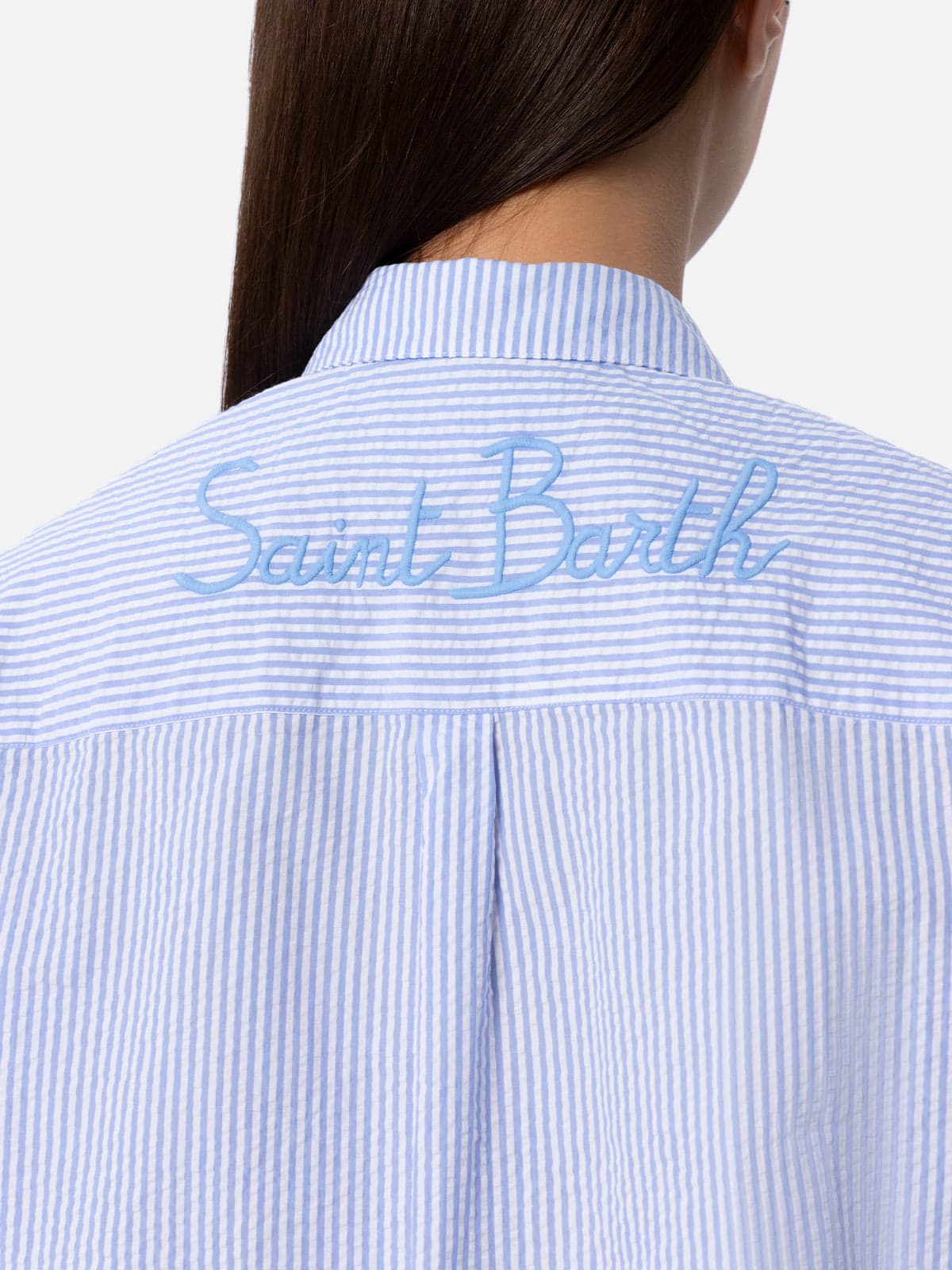 Shop Mc2 Saint Barth Woman Seersucker Cotton Shirt Brigitte With Striped Print In Sky