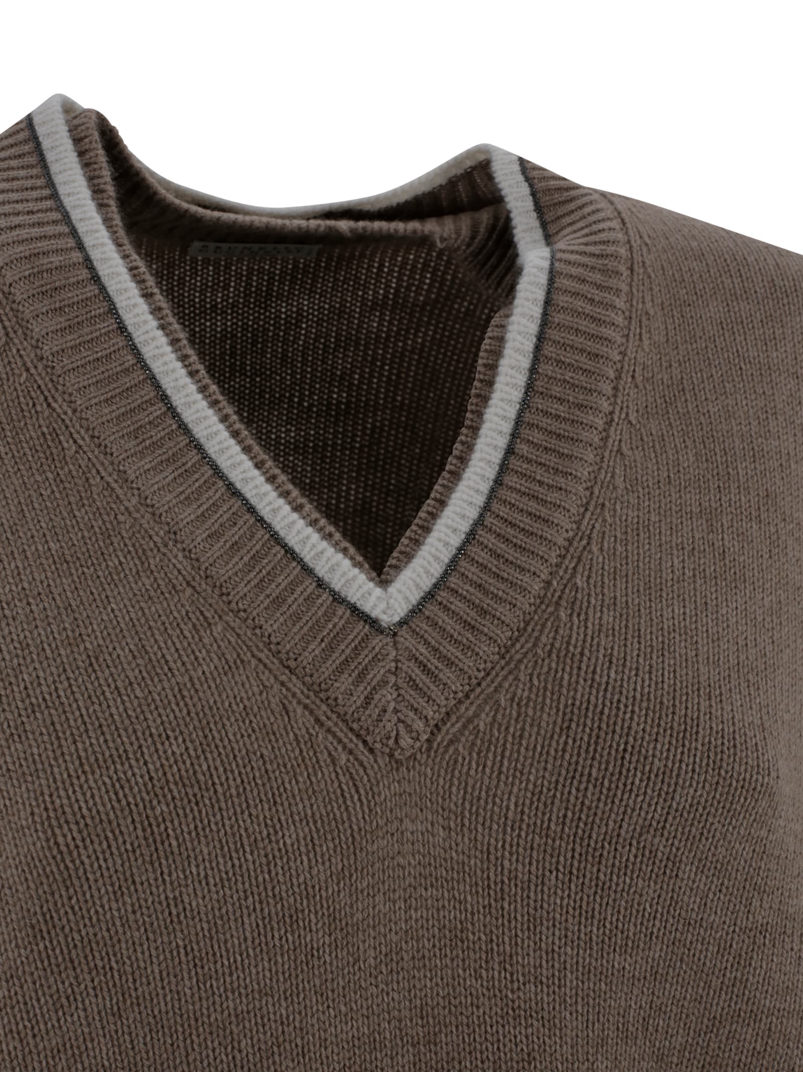 Brunello Cucinelli Ribbed V-neck Top Contrast Trim In Brown