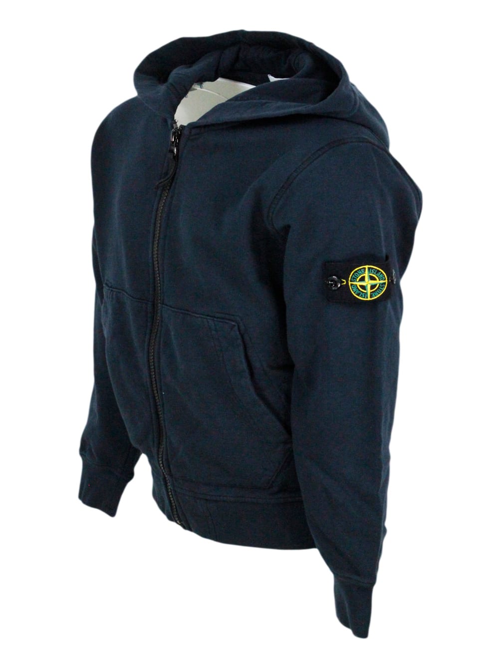 Stone Island Cotton Sweatshirt With Hood And Zip Closure. Kangaroo Pockets And Logo On The Sleeve In Blu