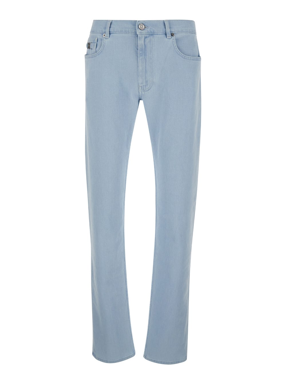 Shop Versace Light Blue Skinny Jeans With Logo Patch In Denim Man