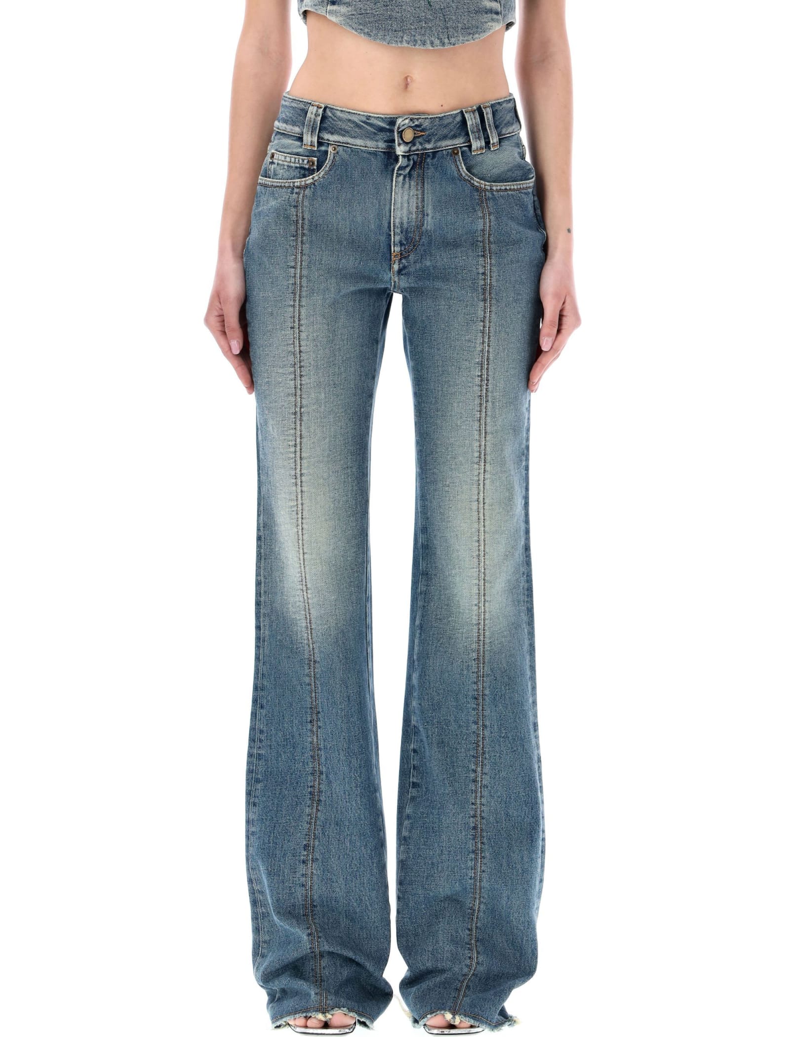 ALESSANDRA RICH DENIM FLARED JEANS WITH CRYSTAL ROSE
