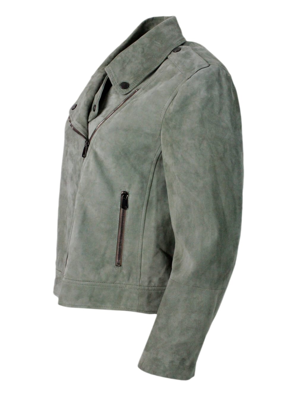 Shop Brunello Cucinelli Biker Jacket In Precious And Soft Suede With Rows Of Brilliant Monili Behind The Neck In Green
