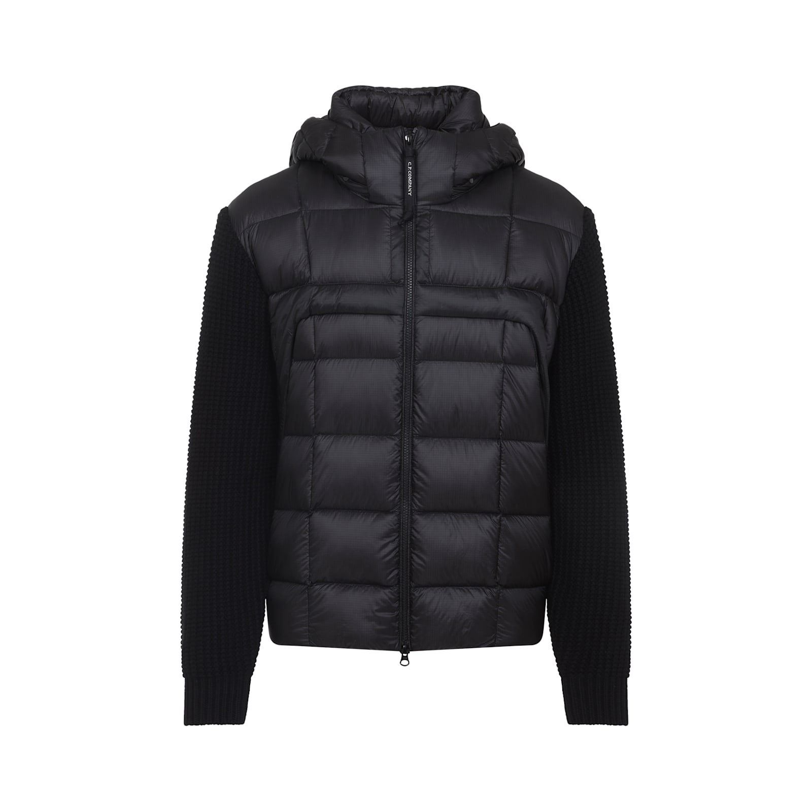 C.p. Company Black Wool Knit Jacket With Padded Hood In Black