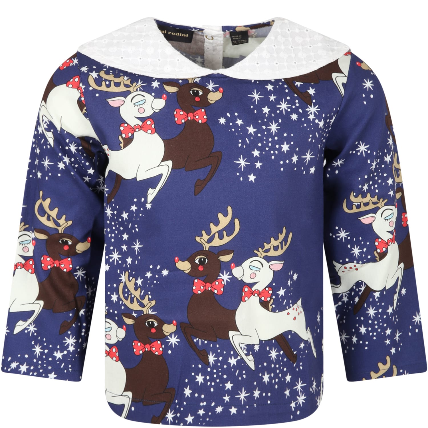 Mini Rodini Blue Blouse For Girl With Reindeer And Stars