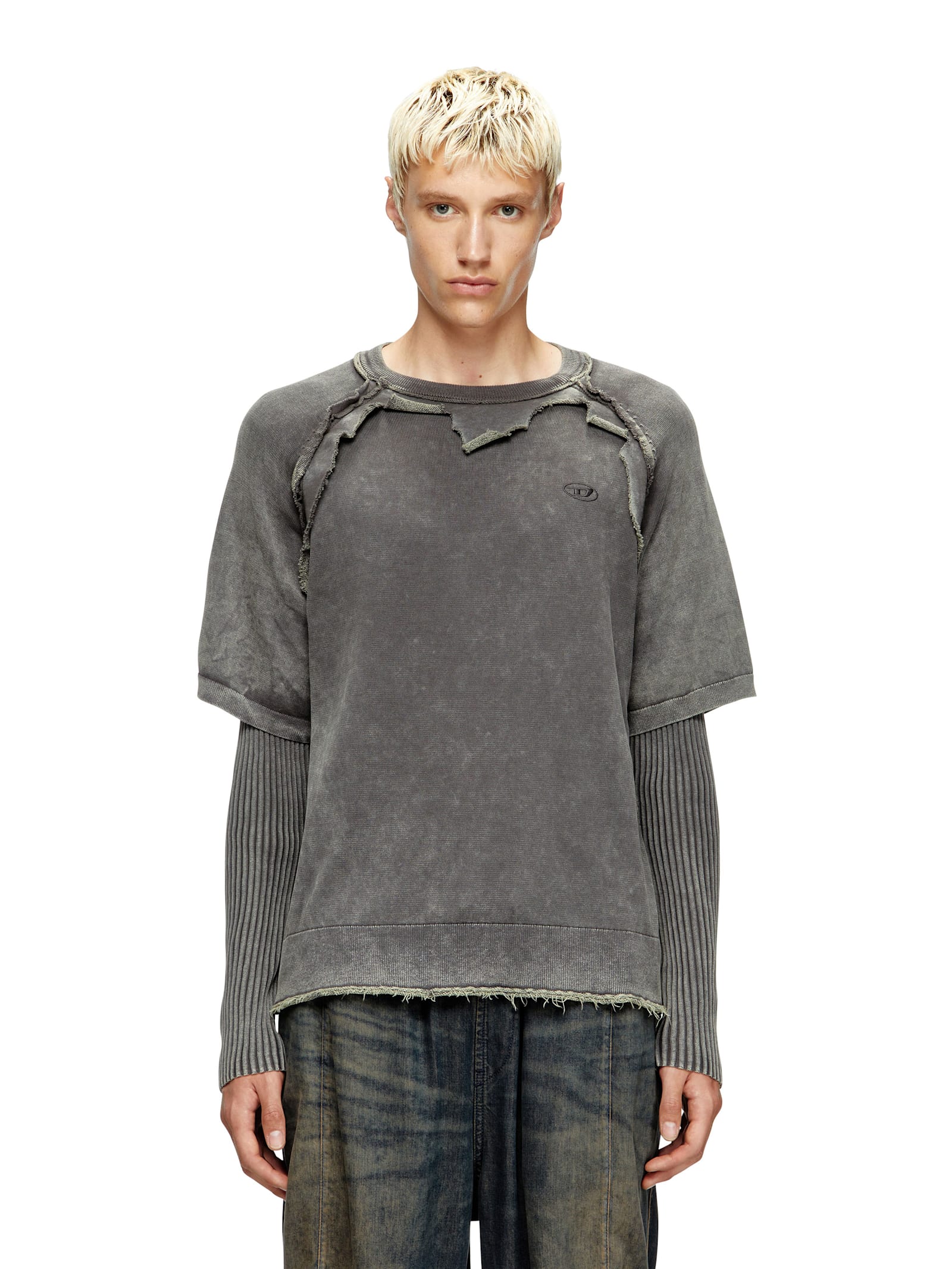 Diesel Crewneck Sweater With Distressed Layered Sleeves And Raw Hem In Gray