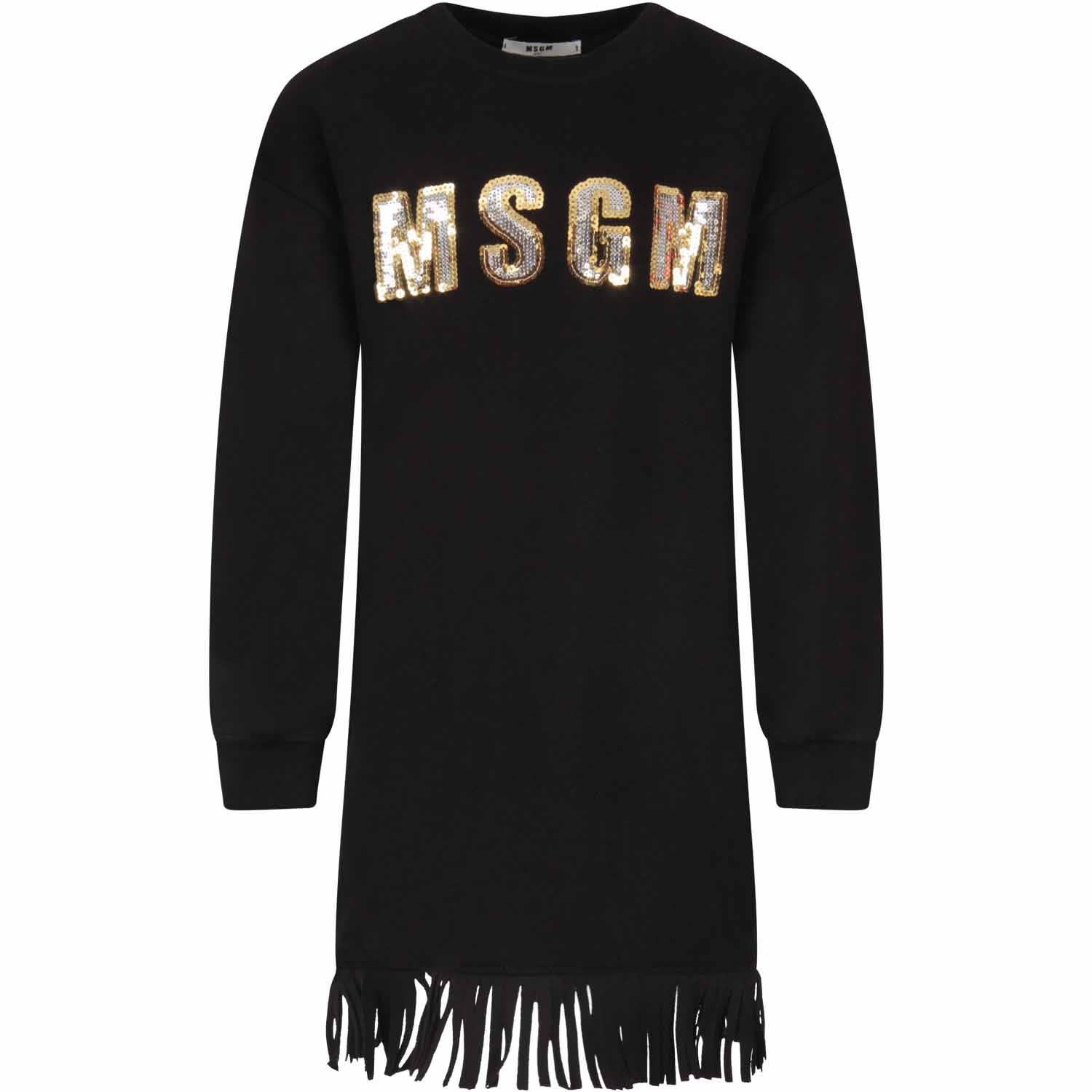MSGM Black Dress For Girl With Sequined Logo
