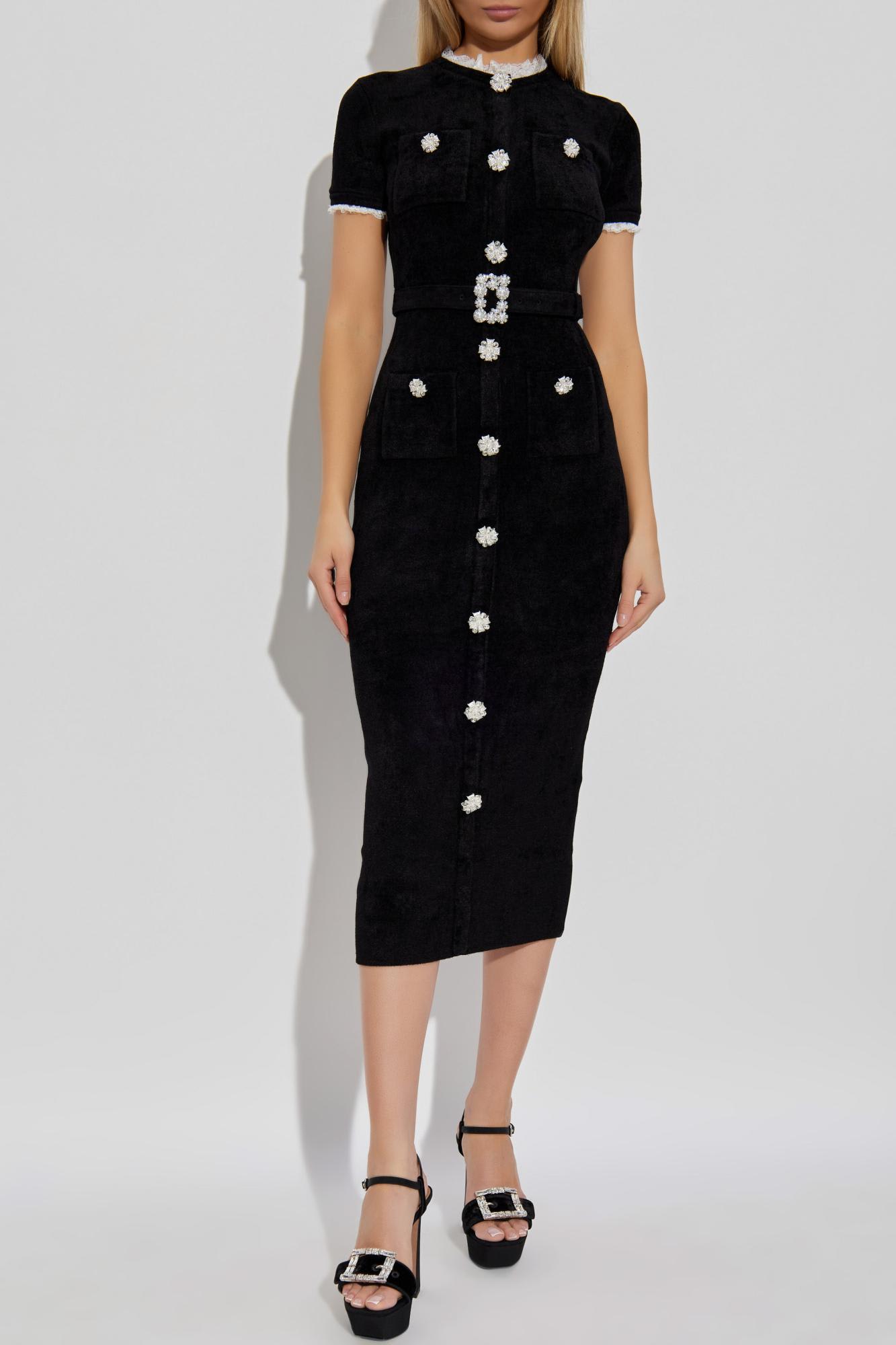 Self-portrait Womens Black Crystal-embellished Lace-trim Chenille-knit Midi Dress In Black