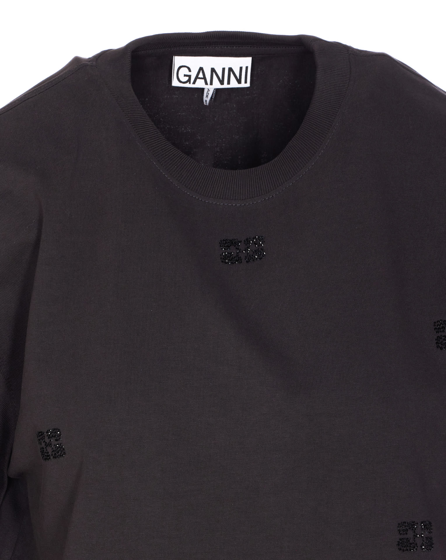 Ganni Crewneck Embroidered Phantom Heavy Short Sleeves Top In Black