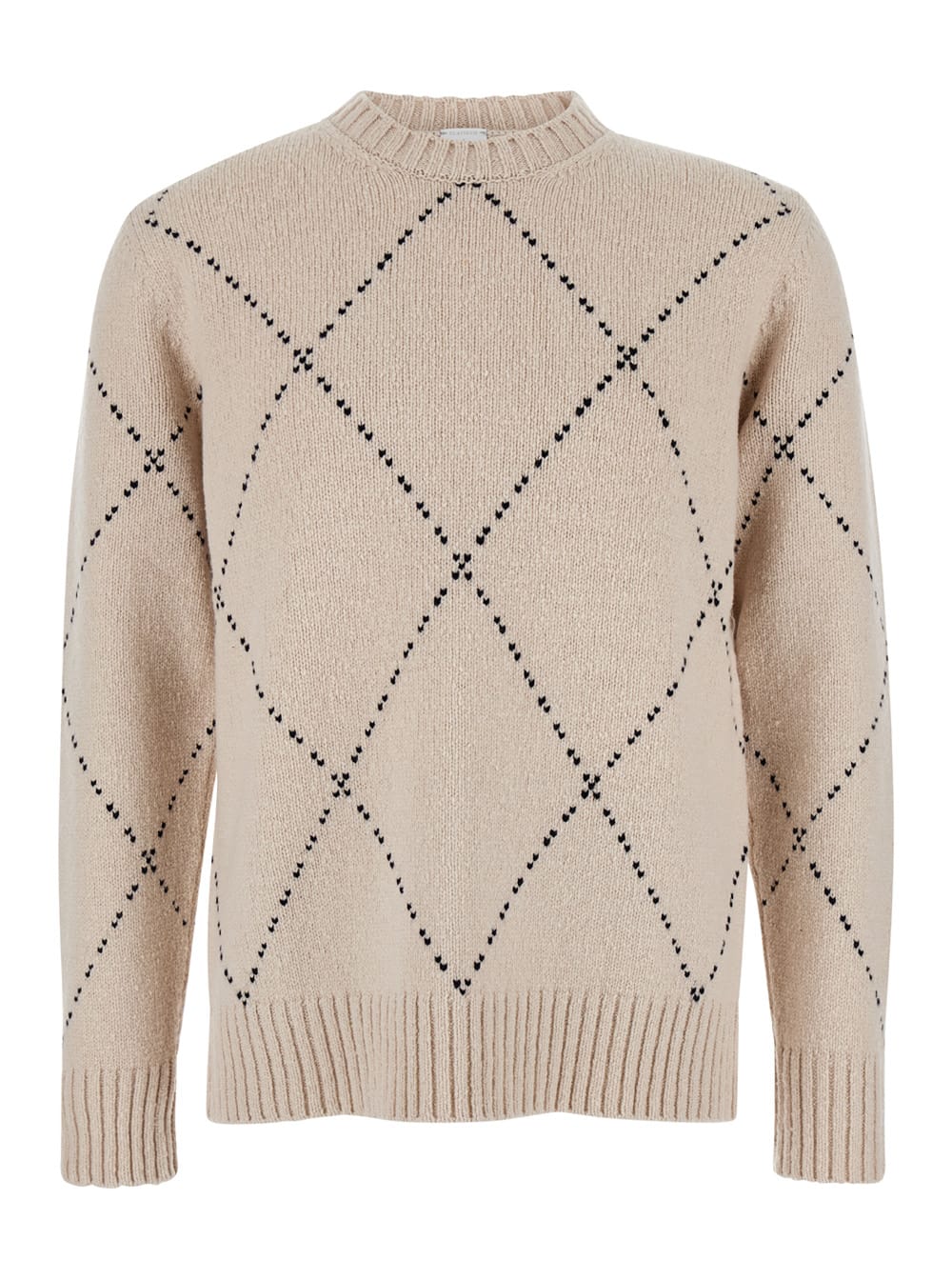 Beige Diamond Pattern Crewneck Sweater In Wool Man