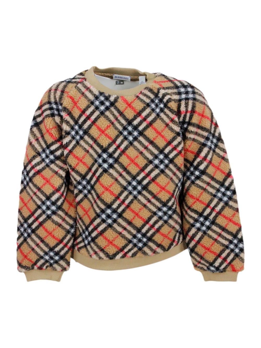 Burberry Kids' Long-sleeved Crew-neck Sweater In Fleece With Check Pattern And Ribbed Fabric Cuffs In Beige