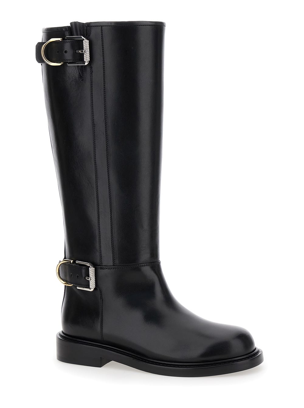 Shop Givenchy Voyou Black Flat Boots With Oversized Buckle In Leather Woman