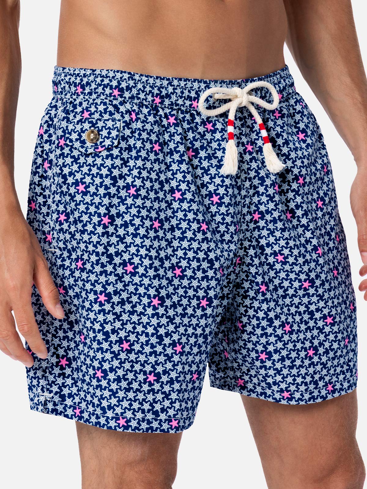 Mc2 Saint Barth Man Lightweight Fabric Swim-shorts Lighting 70 With Starfishes Print In Blue