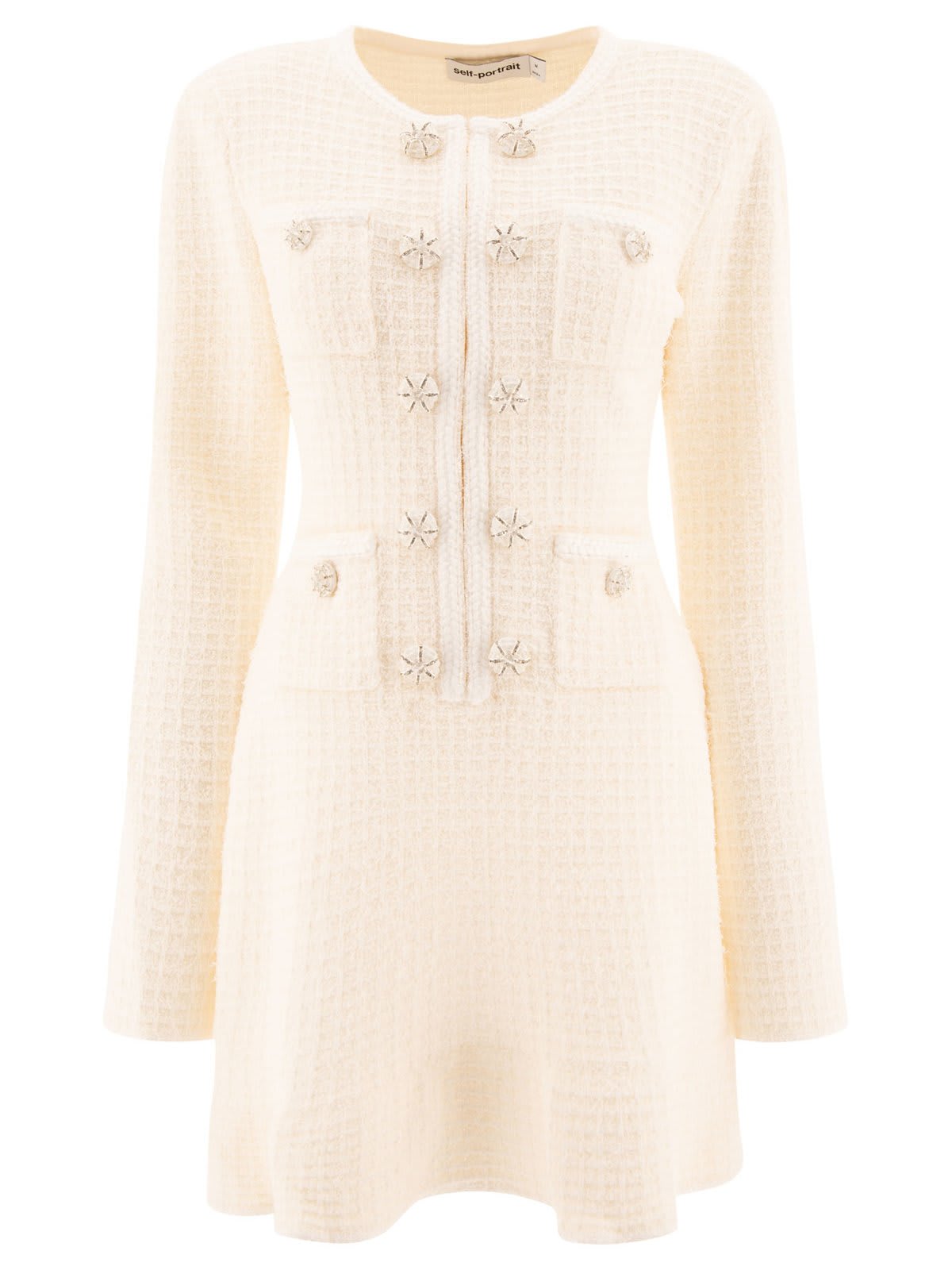 Shop Self-portrait Buttoned Knit Mini Dress In Cream