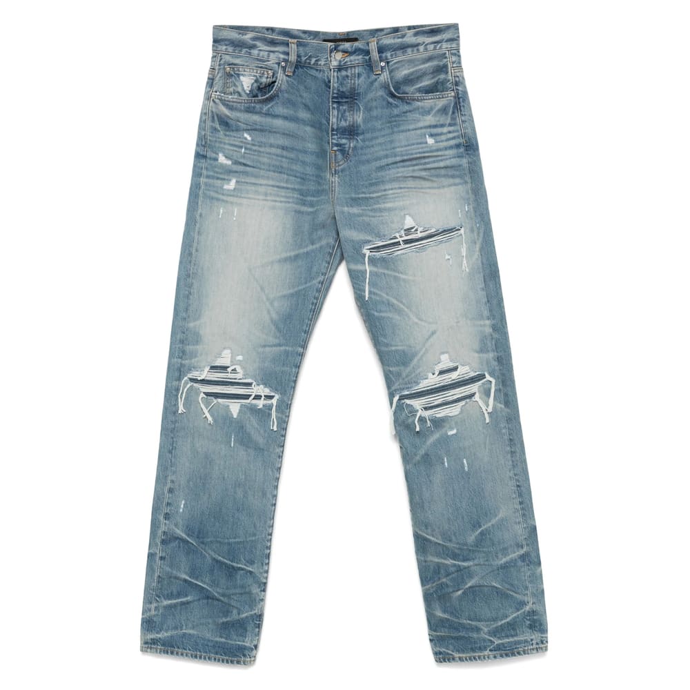 Amiri Men Blue Jeans With Ripped Details On The Front And Logo Patch On The Rear In Denim Man In Blue