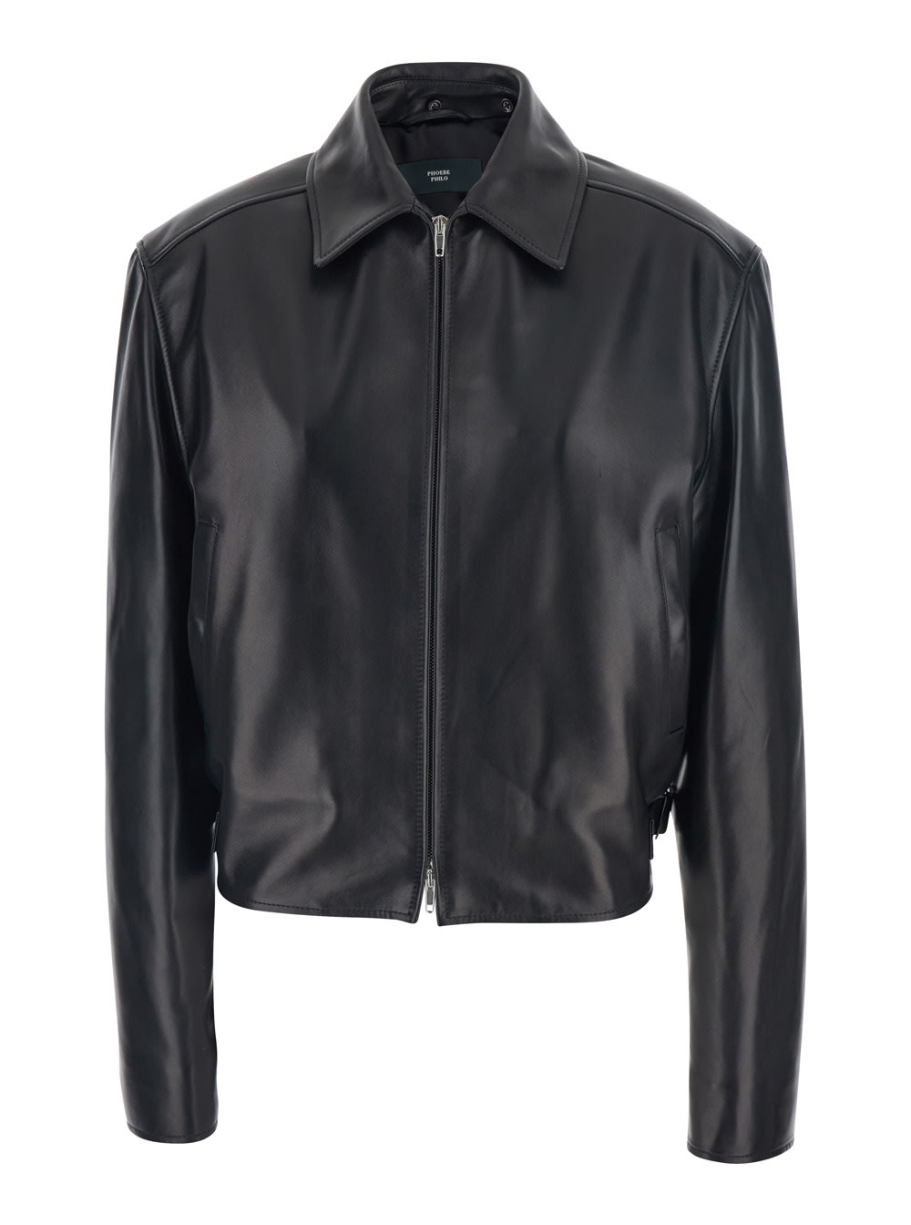 Phoebe Philo Black Cropped Jacket With Removable Fur Collar And Two Front Welt Pockets In Leather Woman In Blue