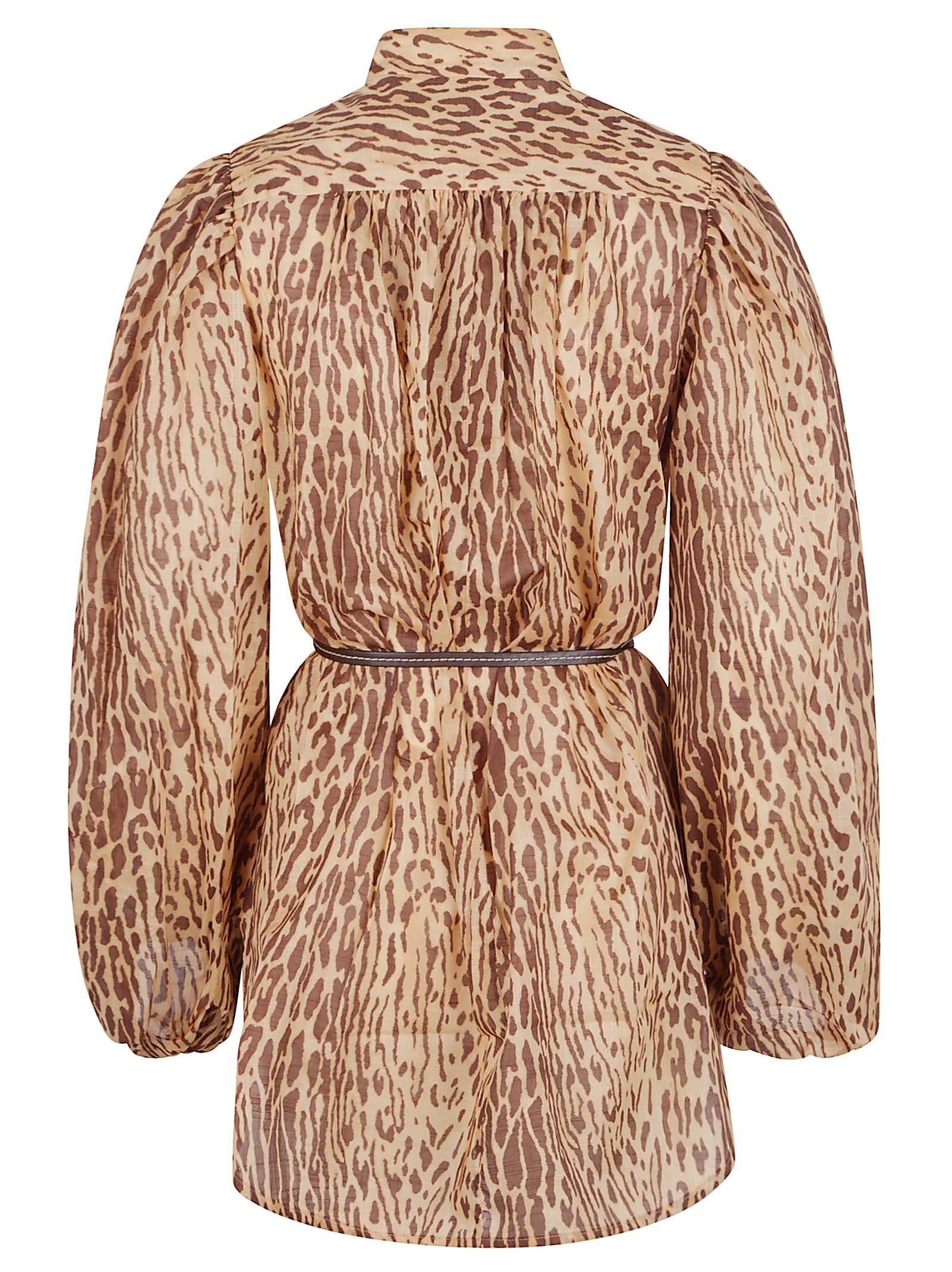 Zimmermann Cascadian Beige Tunic Dress With Stand-up Collar And All-over Leopard Print In Linen Woman In Brown