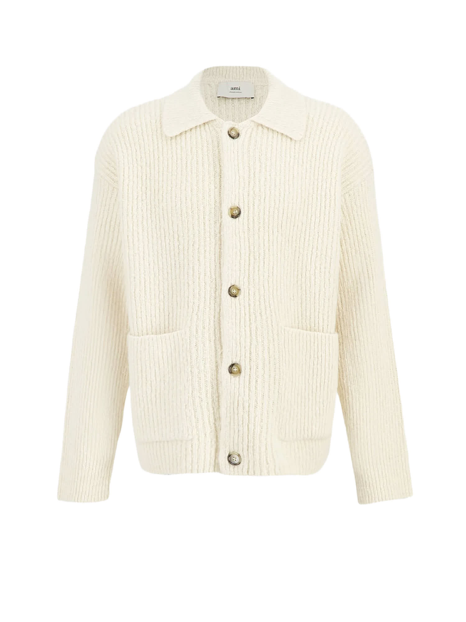 Ami Alexandre Mattiussi Ribbed Cardigan With Long Sleeves And Pockets In Neutral
