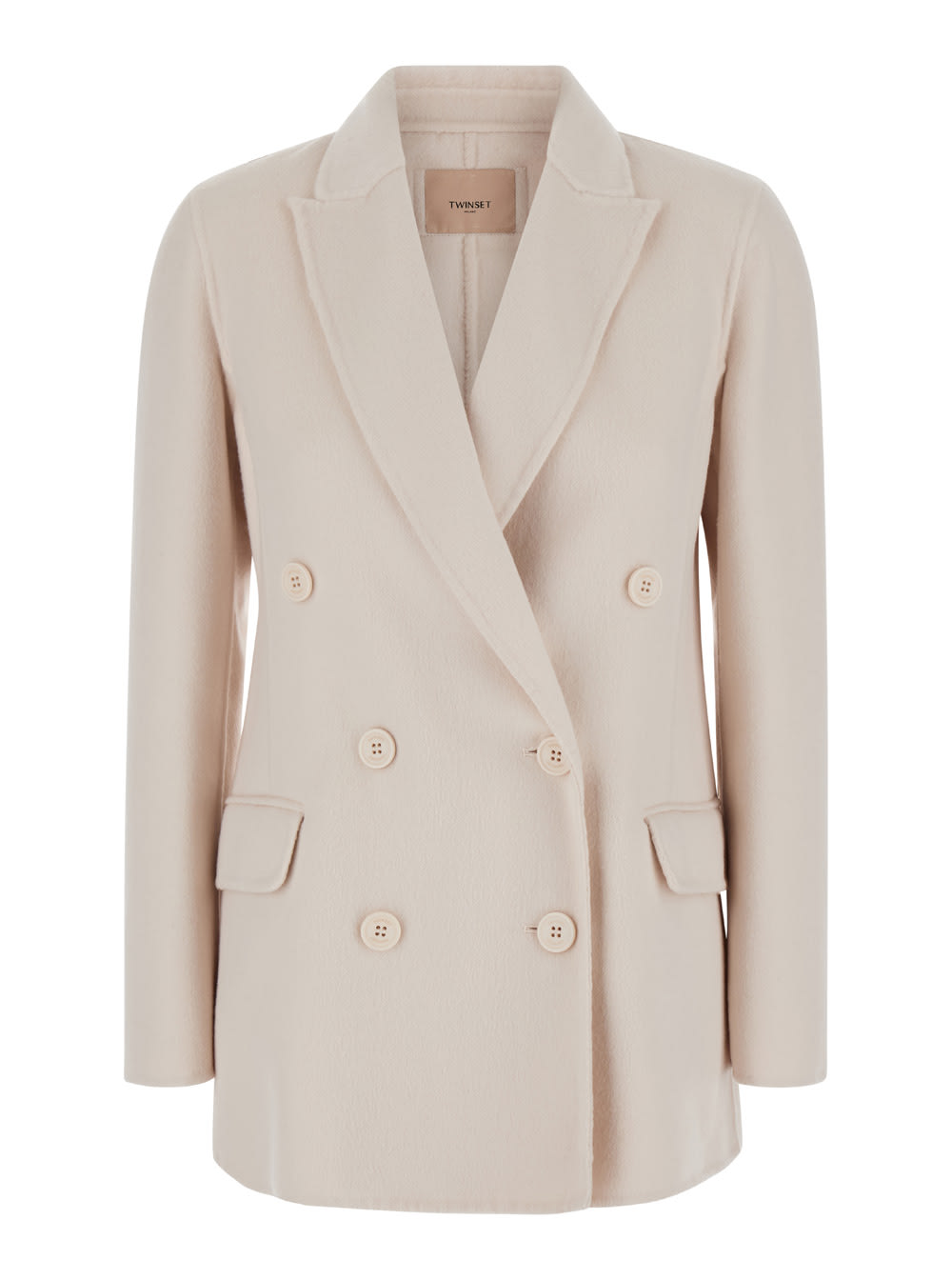 White Double-breasted Coat With Peak Revers In Wool Blend Woman