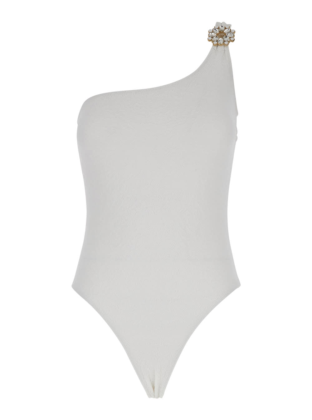 White One-shoulder One-piece Swimsuit With Rhinestone Brooch Detail In Tech Fabric Woman