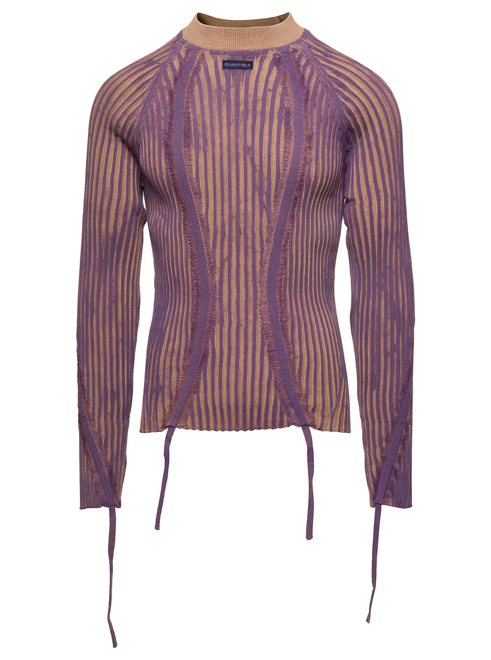 BLUEMARBLE BEIGE AND VIOLET HAND-PAINTED RIB SWEATER WITH DRAWSTRING IN WOOL MAN