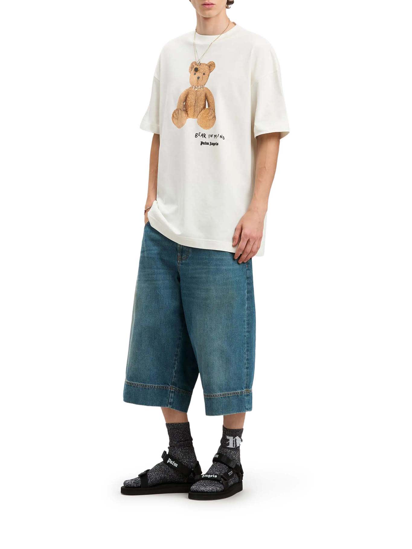 Palm Angels Bear In Mind White T-shirt With Bear Print And Logo Lettering On The Front In Cotton Man In White