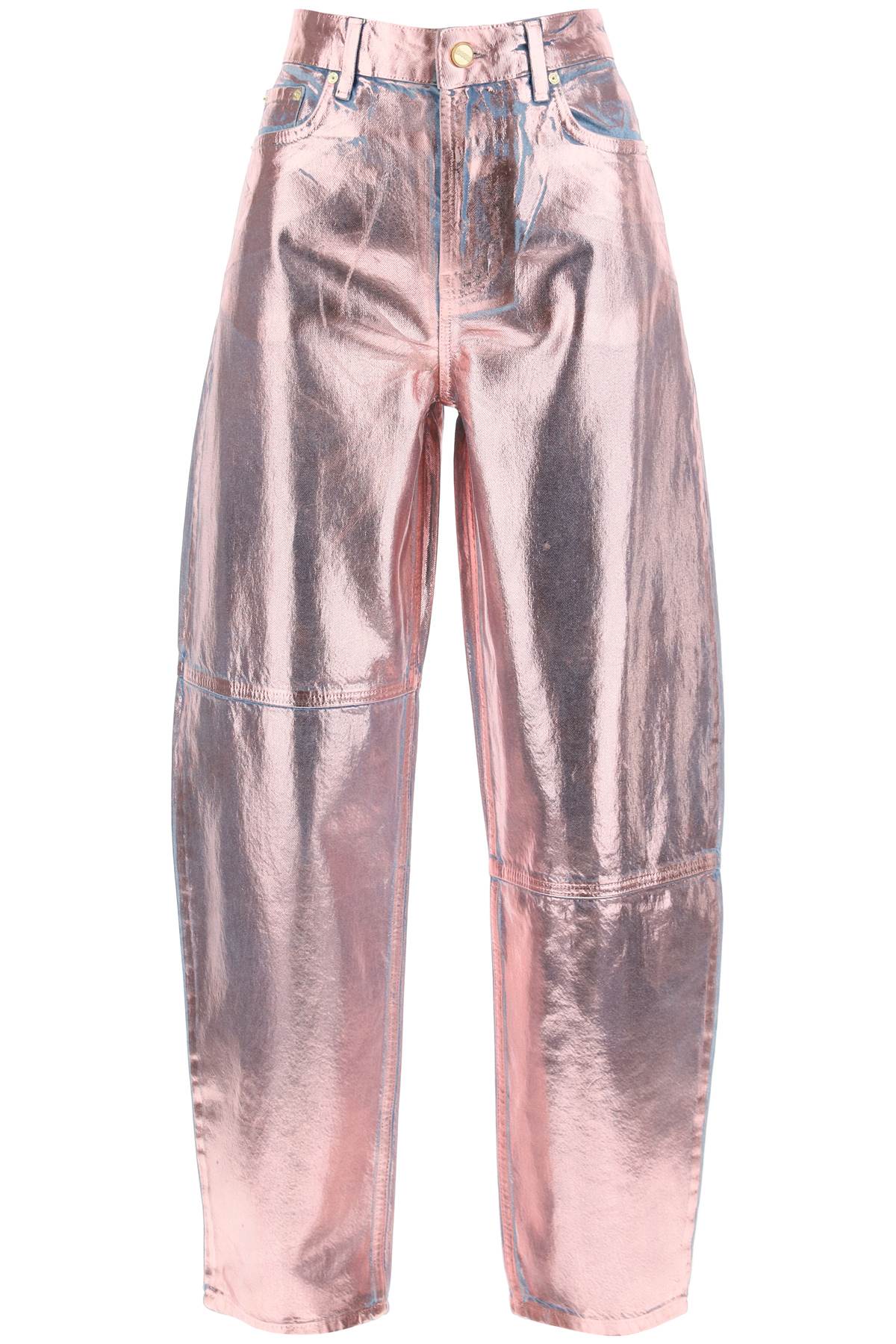 Shop Ganni Curved Leg Jeans In Foil Denim In Lilac Sachet (metallic)