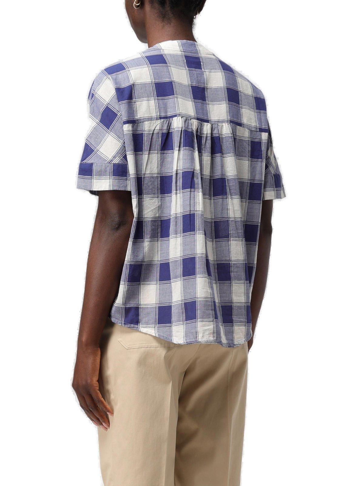 Shop Woolrich Checked V-neck Short-sleeved Shirt  In Blue