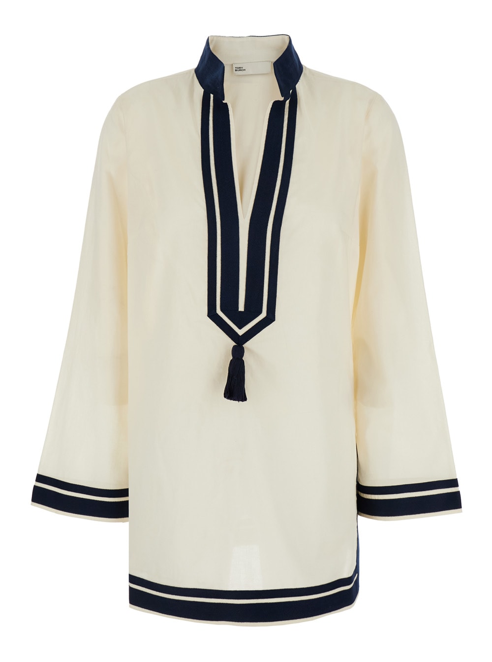 Whitetunic With Contrasting Details And Tassel In Cotton Woman
