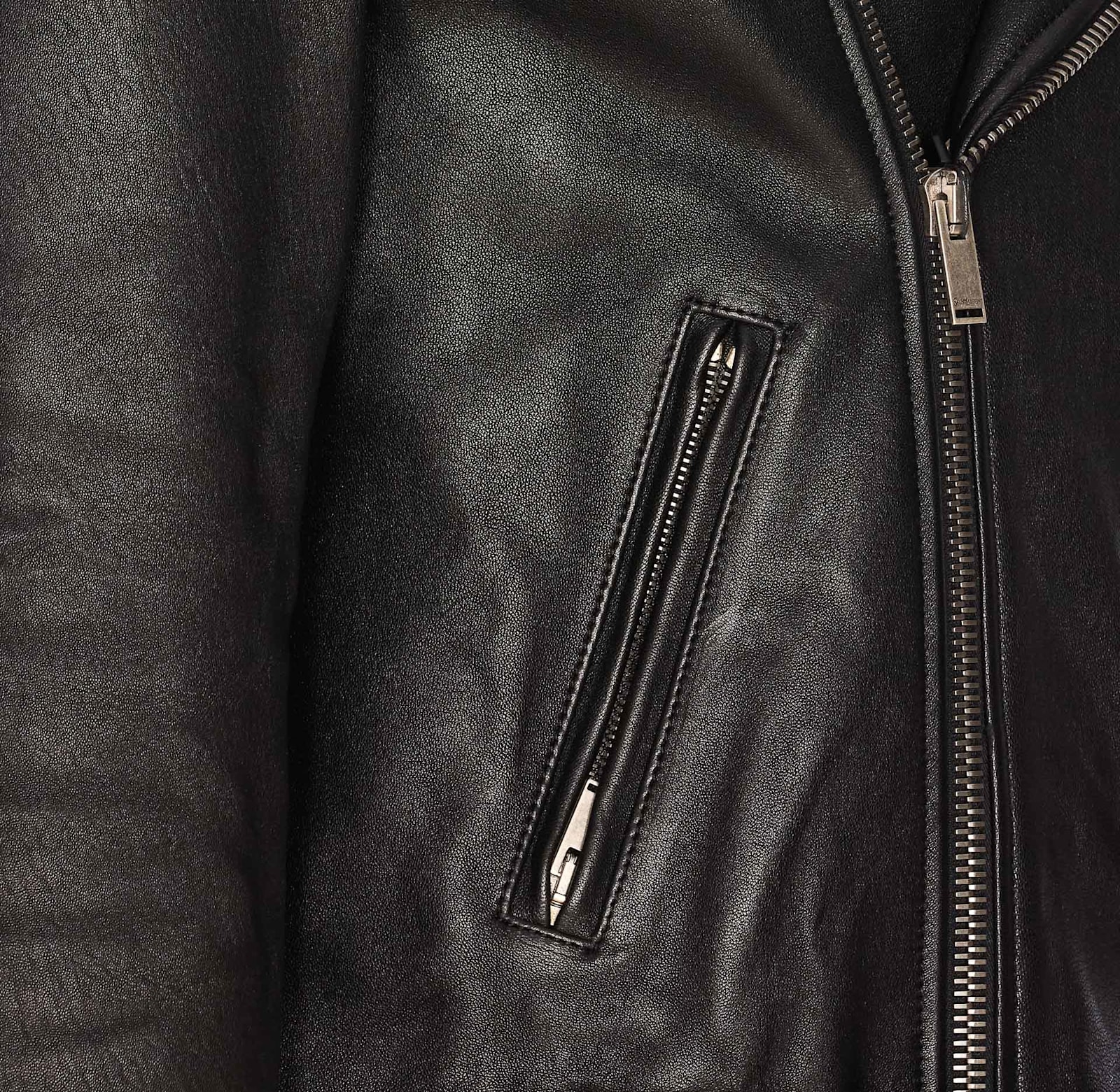 Saint Laurent Black Biker Jacket With Classic Lapels And Asymmetric Zip On The Front In Hammered Lea In Blue
